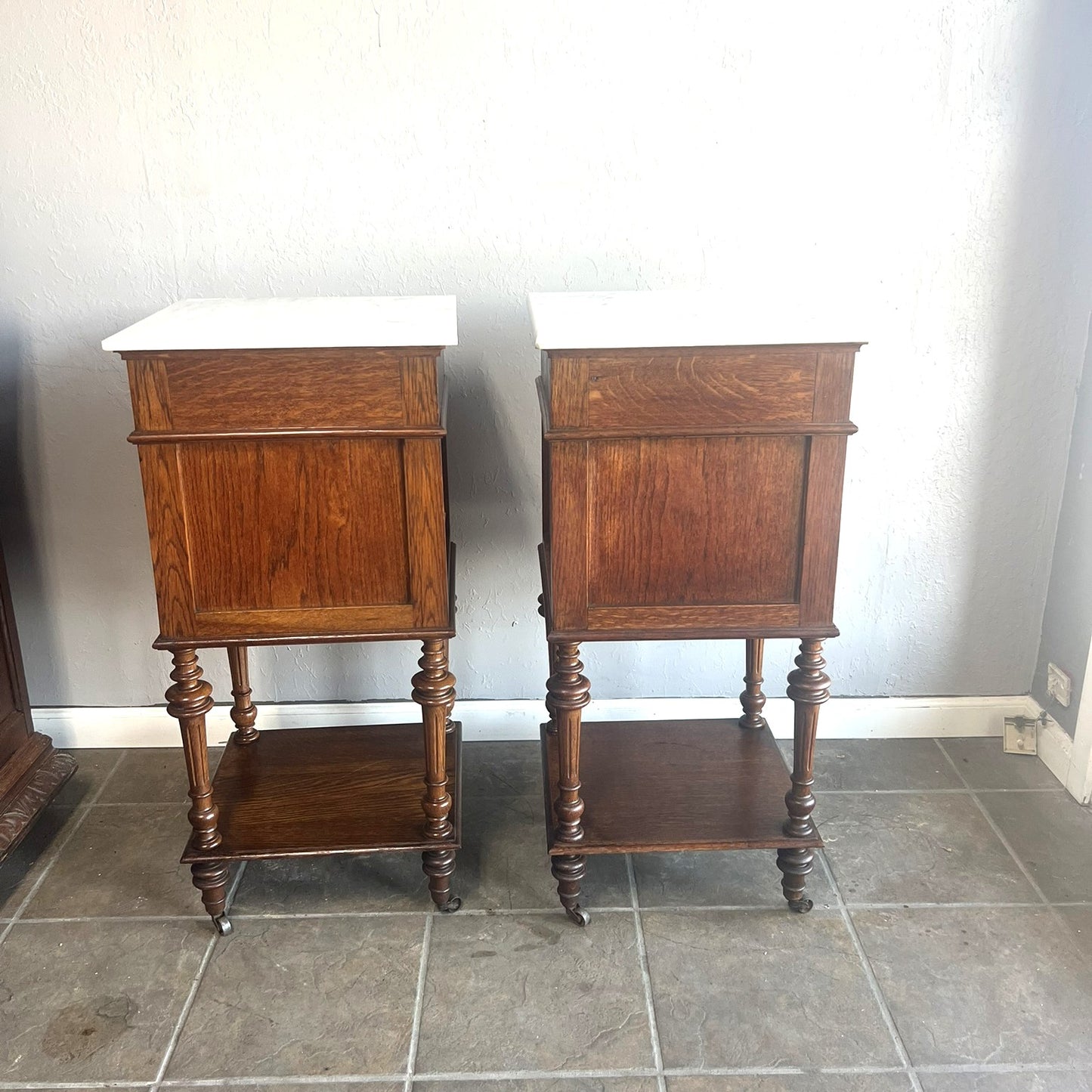Antique French Oak Nightstands with White Marble Tops – Pair, c.1900