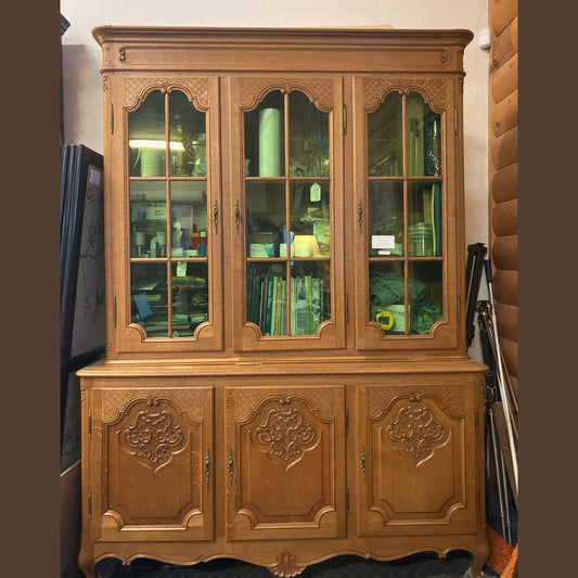 Vintage Belgian Oak Bookcase with Green Glass #652