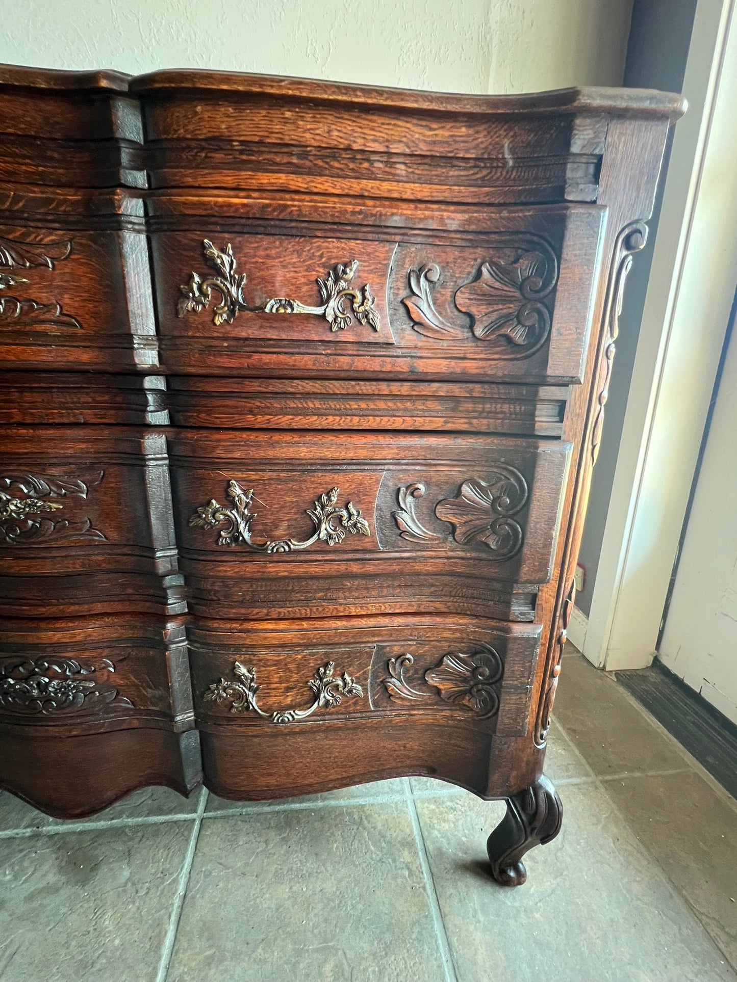 Vintage French Oak Dresser with Carved Details and Serpentine Front