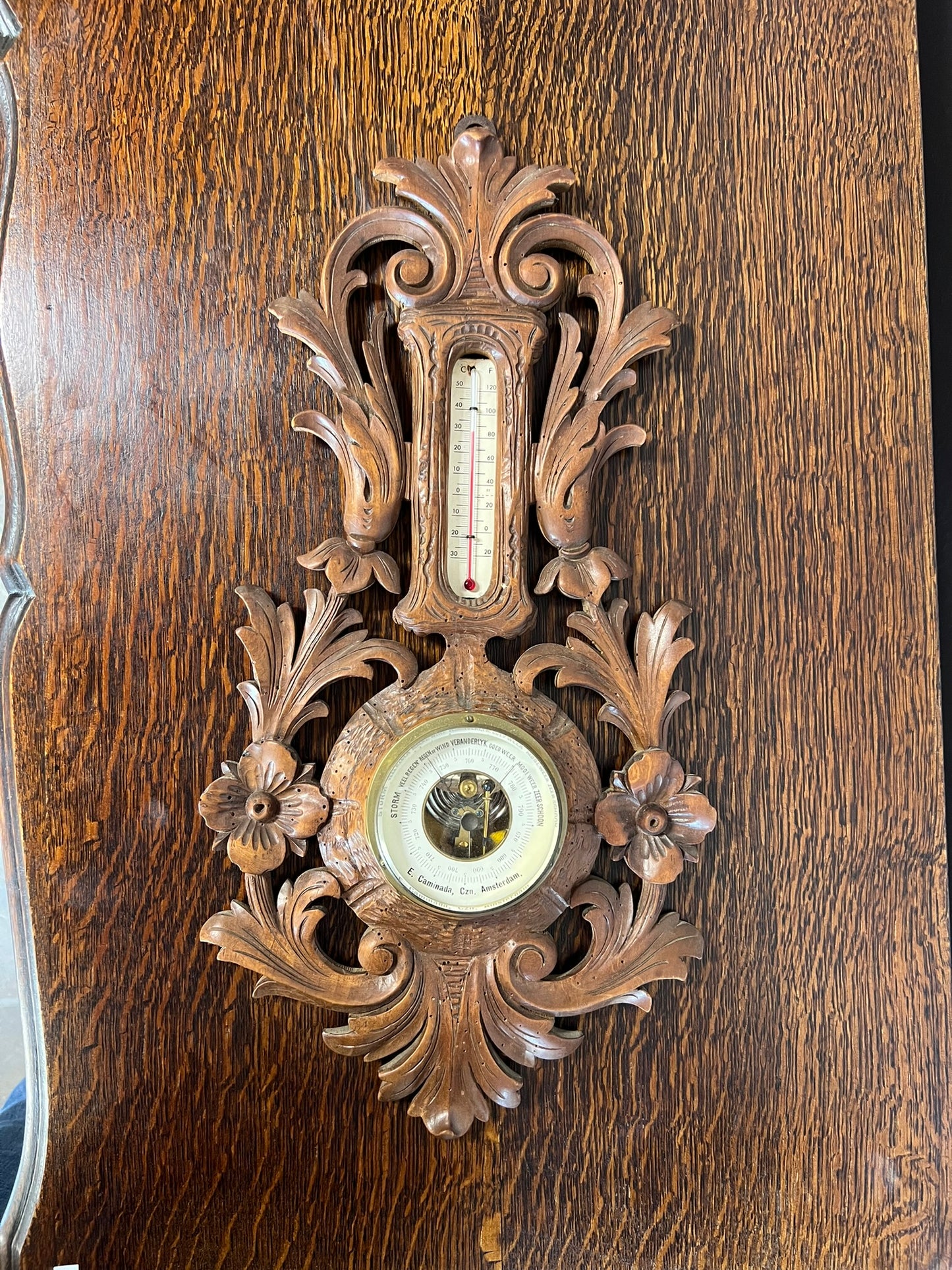 Antique Belgium Oak Barometer with Flower Carving