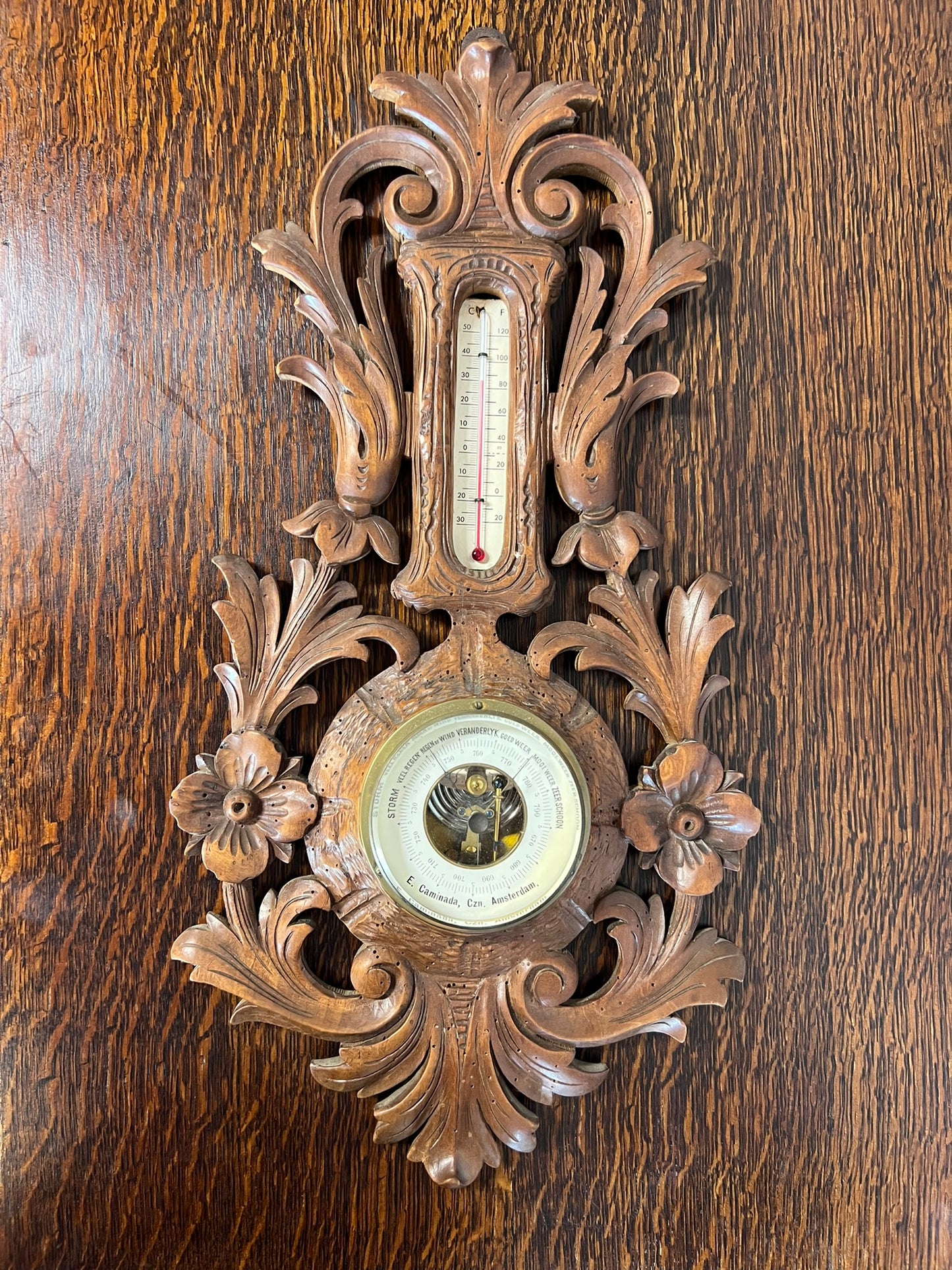 Antique Belgium Oak Barometer with Flower Carving