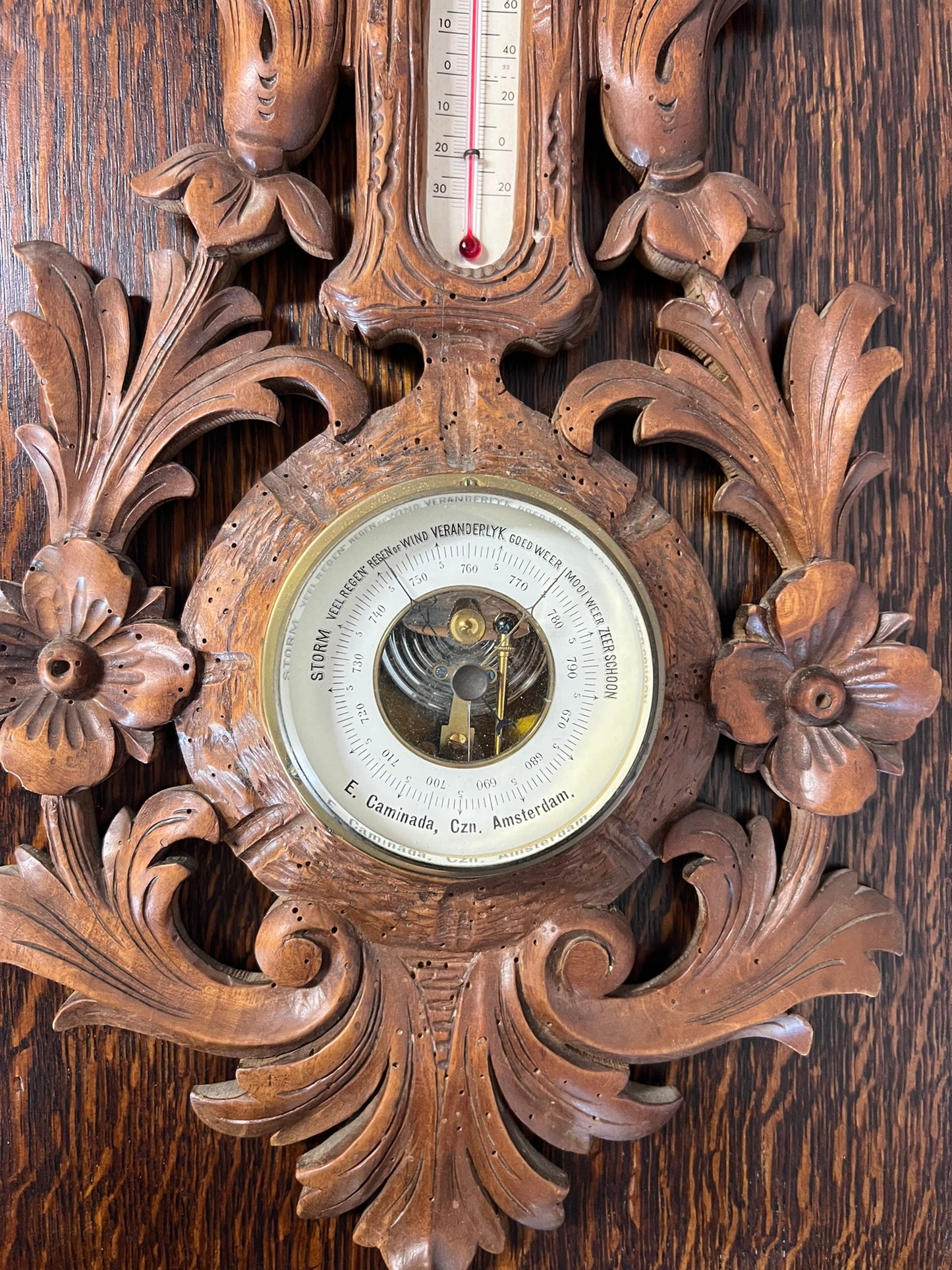 Antique Belgium Oak Barometer with Flower Carving