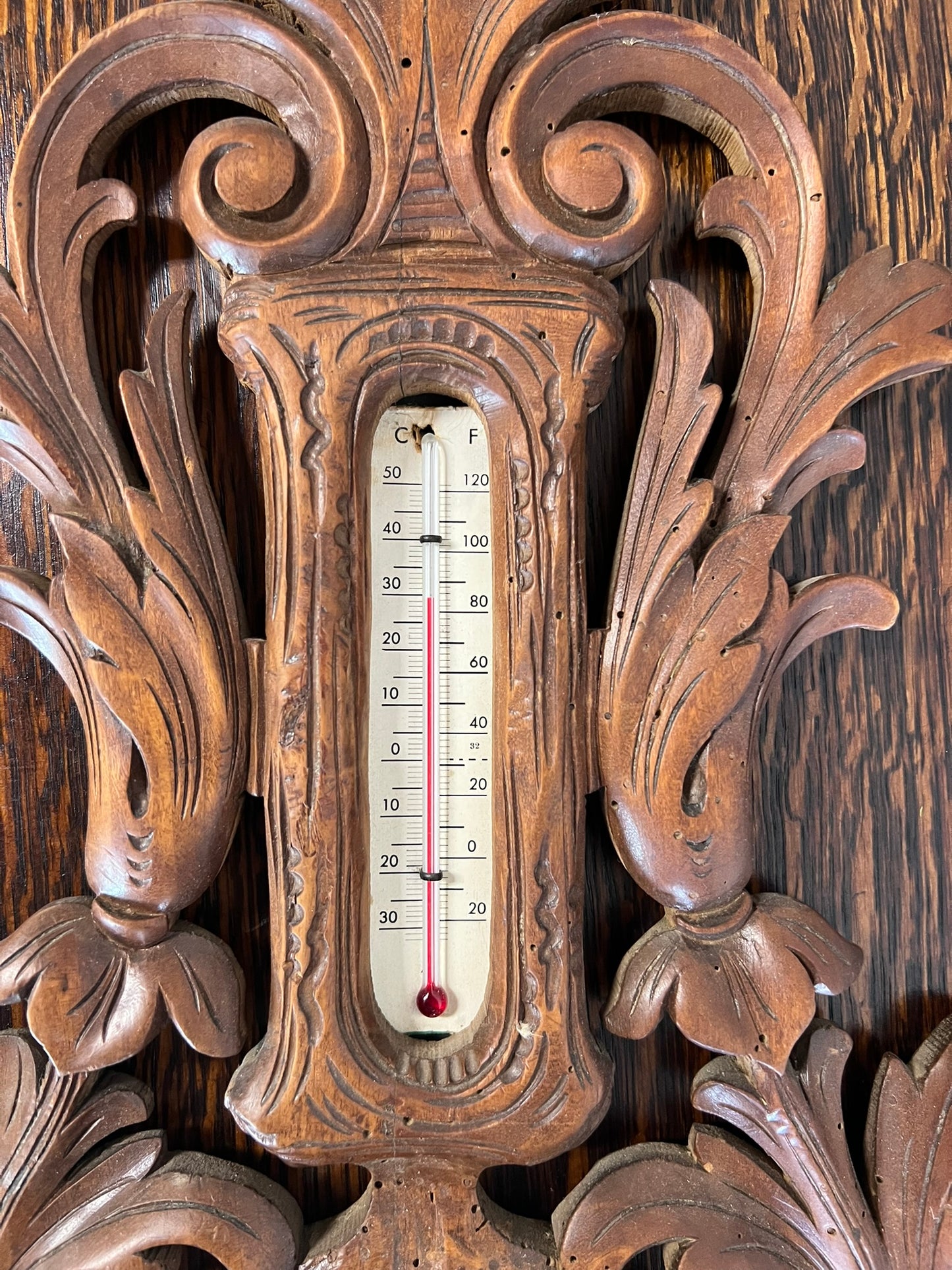 Antique Belgium Oak Barometer with Flower Carving