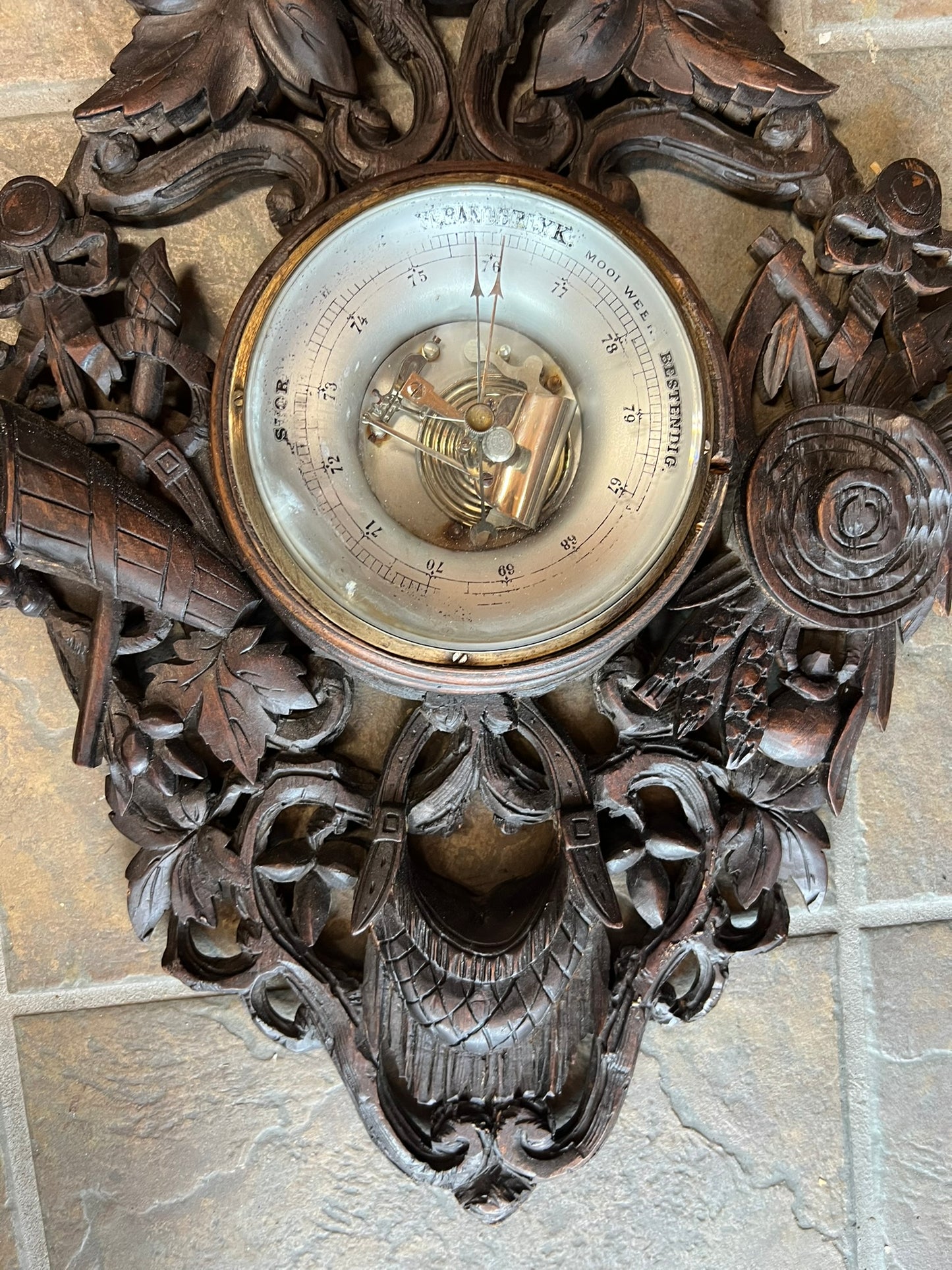 Antique French Normandy Dark Oak Barometer with Dog Head Carving