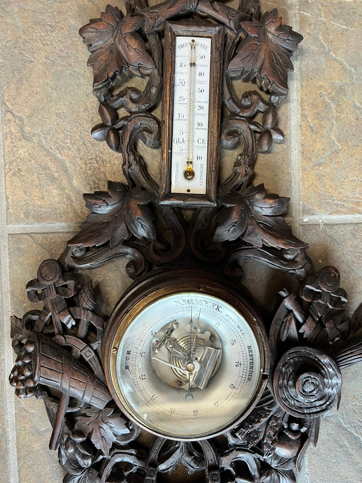 Antique French Normandy Dark Oak Barometer with Dog Head Carving