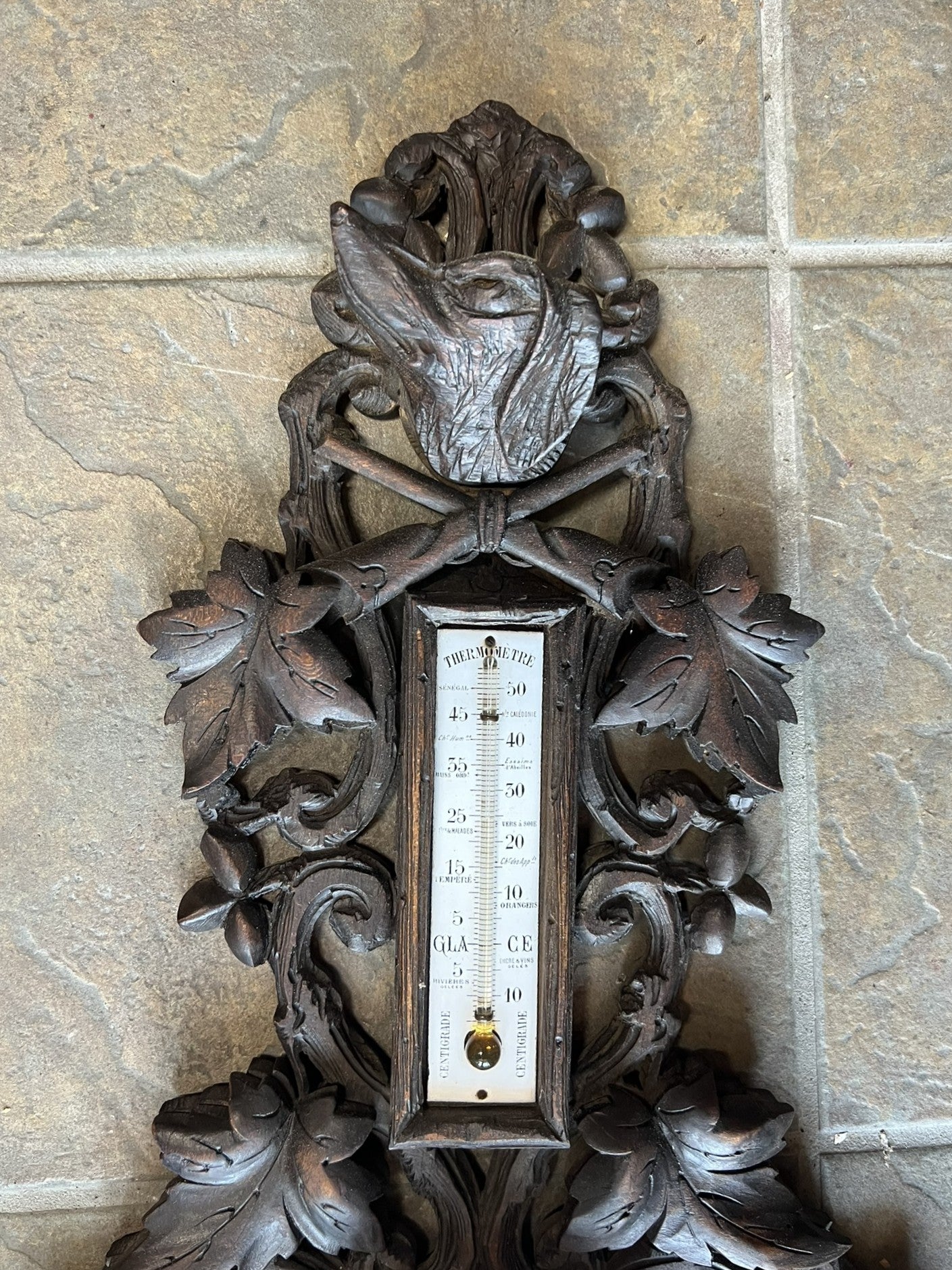 Antique French Normandy Dark Oak Barometer with Dog Head Carving