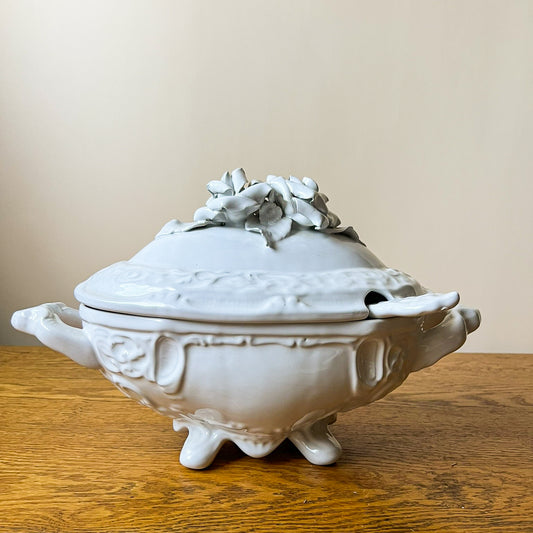 Vintage European White Porcelain Tureen with Floral Lid – Ornate Soup Serving Dish