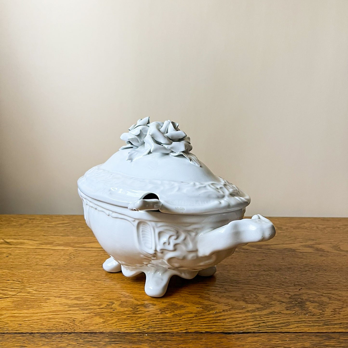 Vintage European White Porcelain Tureen with Floral Lid – Ornate Soup Serving Dish