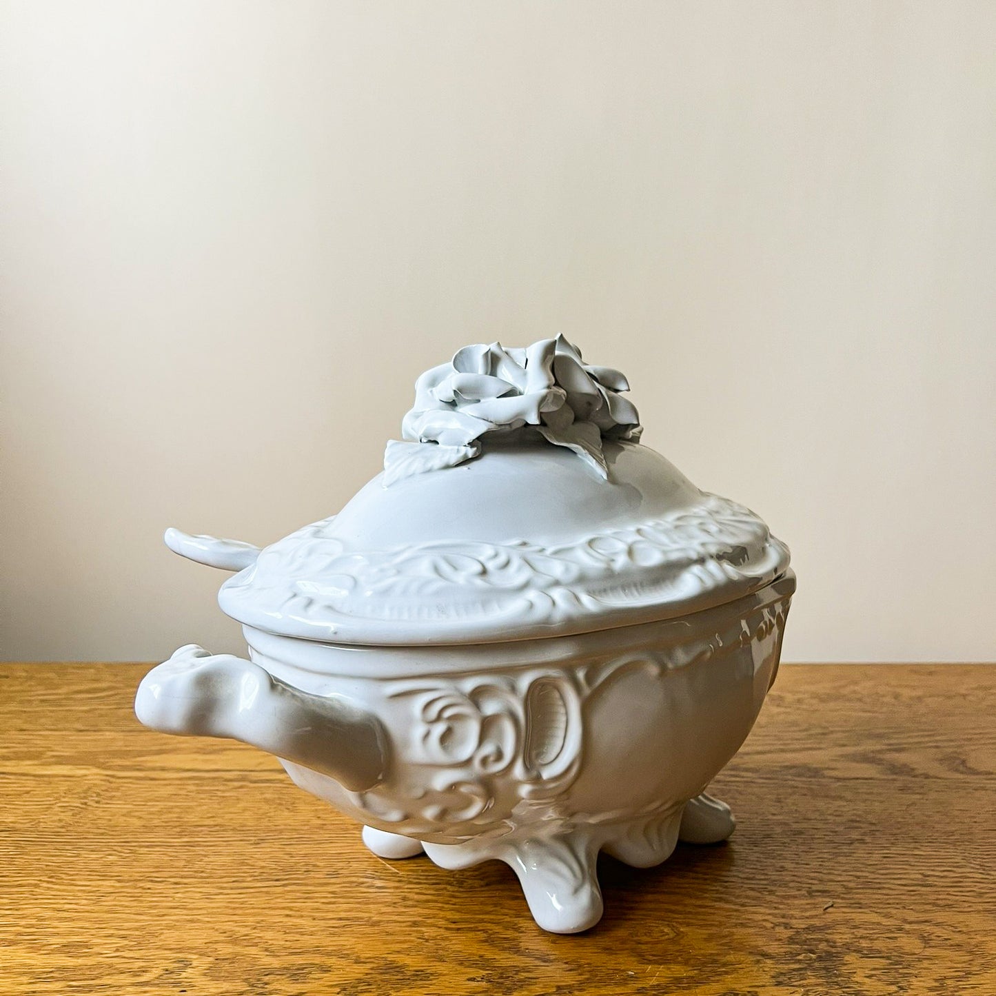 Vintage European White Porcelain Tureen with Floral Lid – Ornate Soup Serving Dish