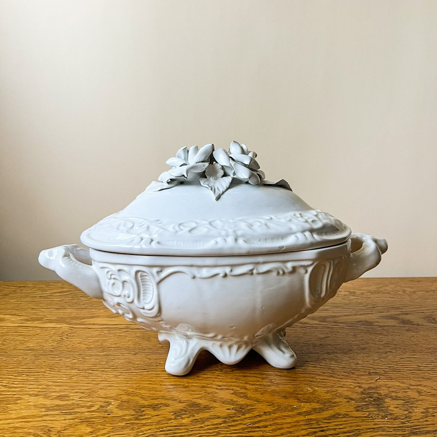 Vintage European White Porcelain Tureen with Floral Lid – Ornate Soup Serving Dish