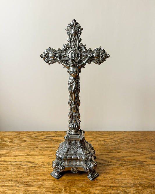 Vintage European Metal Crucifix with Ornate Base – Religious Altar Cross