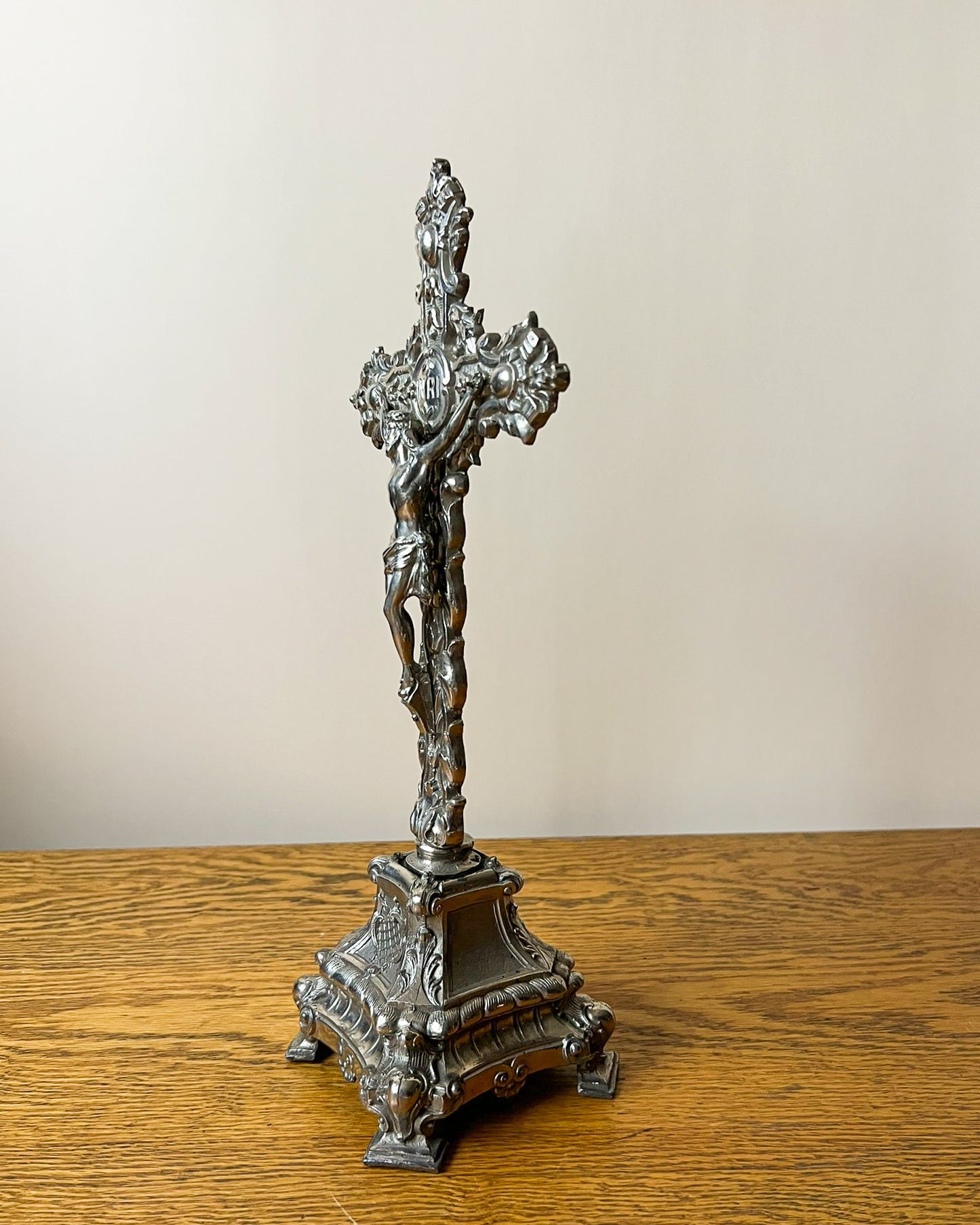 Vintage European Metal Crucifix with Ornate Base – Religious Altar Cross