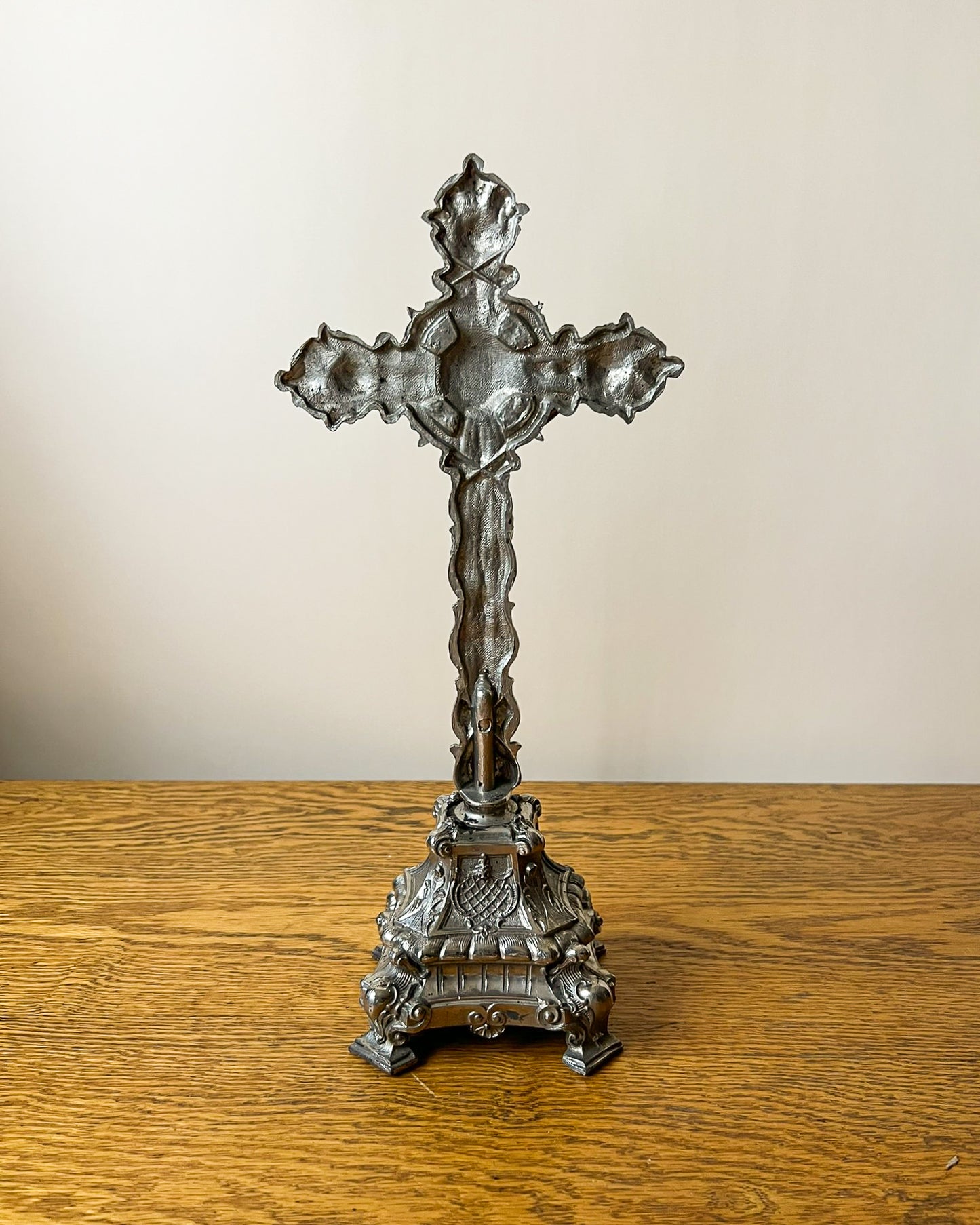 Vintage European Metal Crucifix with Ornate Base – Religious Altar Cross