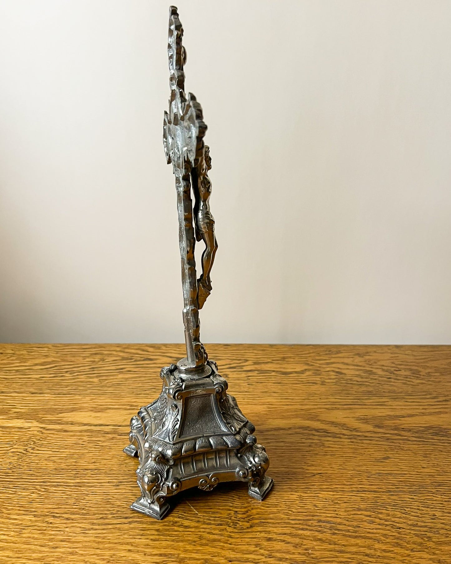 Vintage European Metal Crucifix with Ornate Base – Religious Altar Cross