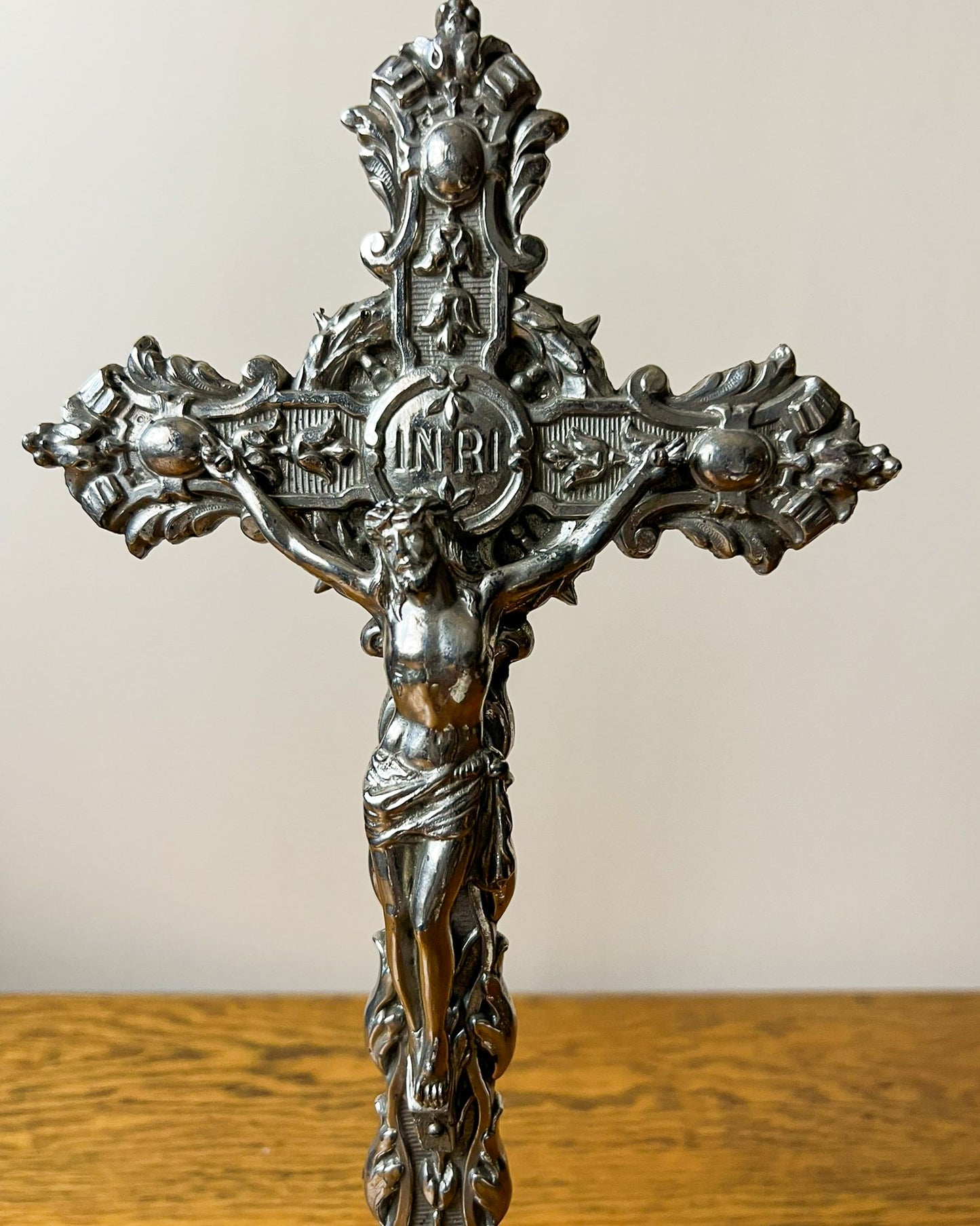 Vintage European Metal Crucifix with Ornate Base – Religious Altar Cross