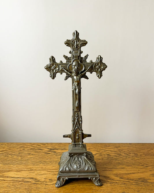 Vintage European Metal Crucifix with Ornate Base – Religious Altar Cross