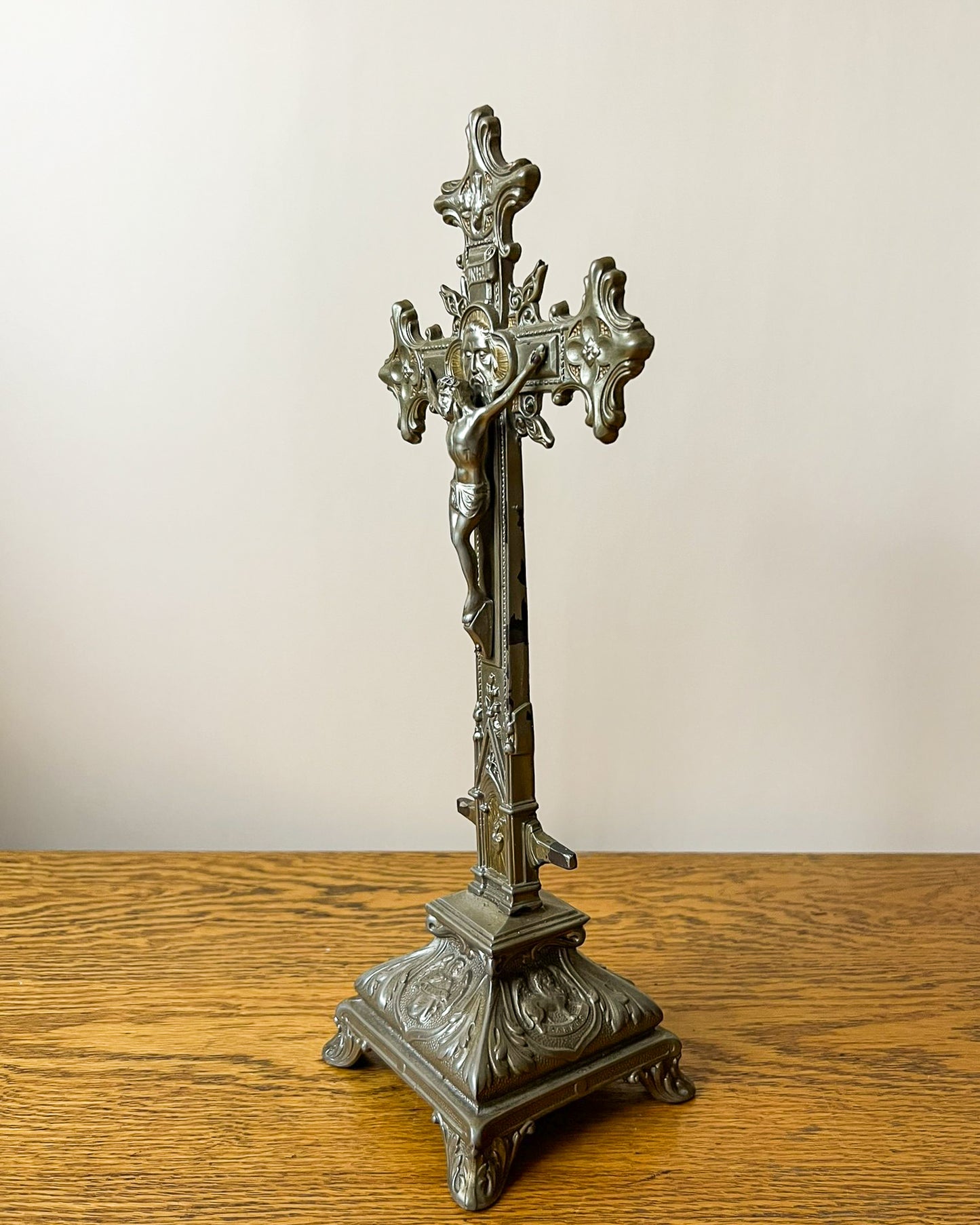 Vintage European Metal Crucifix with Ornate Base – Religious Altar Cross