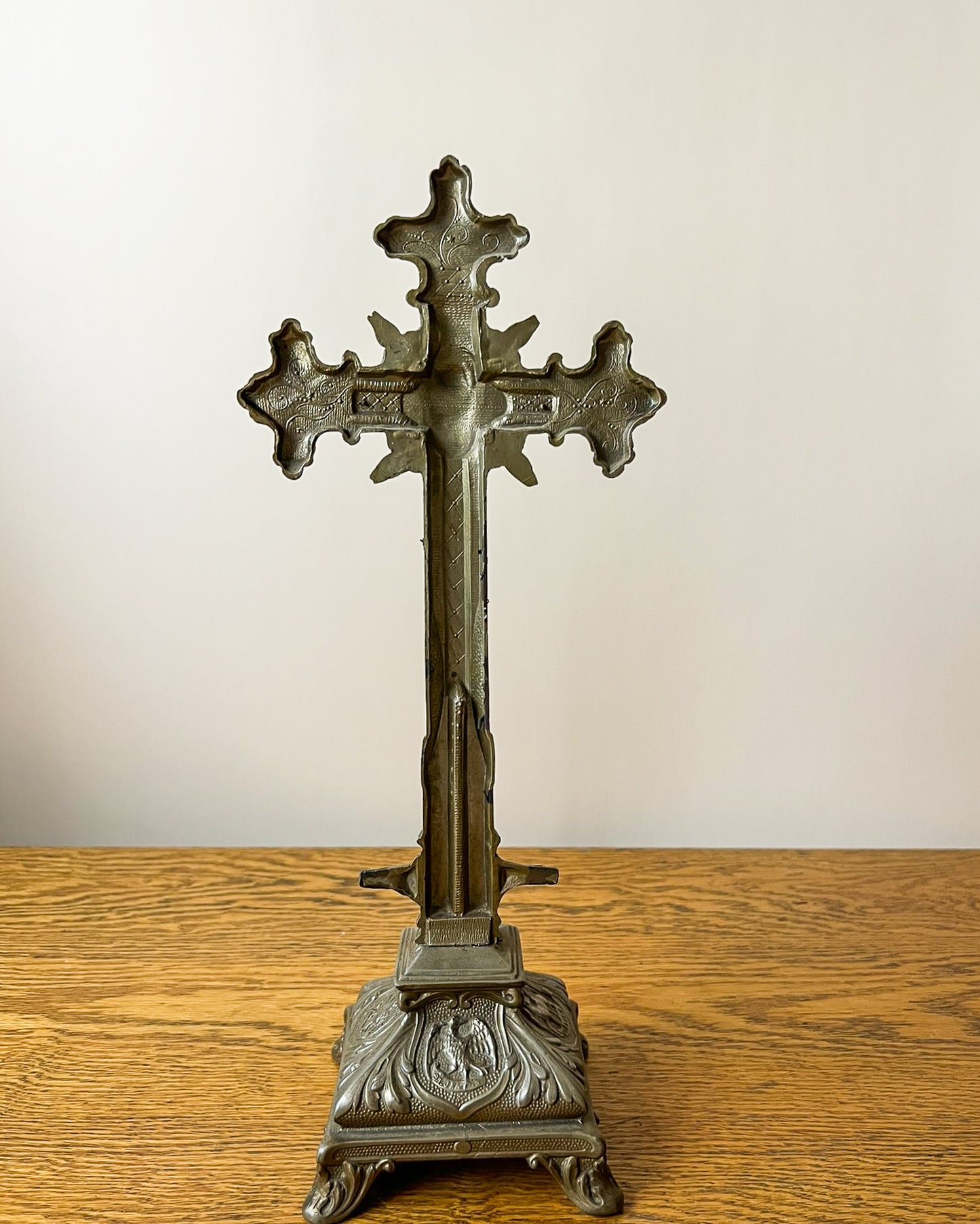 Vintage European Metal Crucifix with Ornate Base – Religious Altar Cross