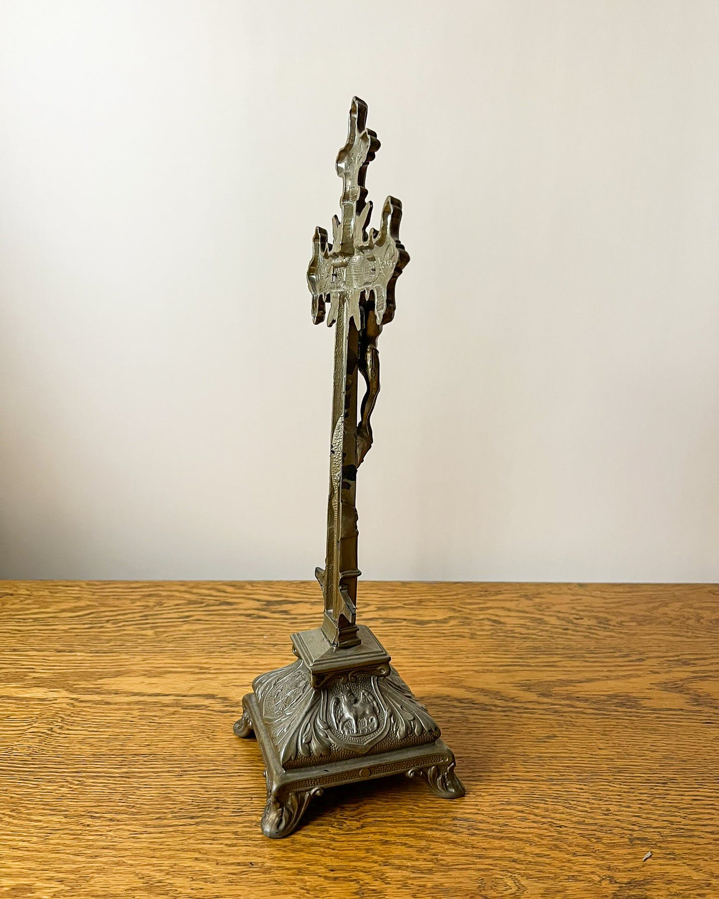 Vintage European Metal Crucifix with Ornate Base – Religious Altar Cross