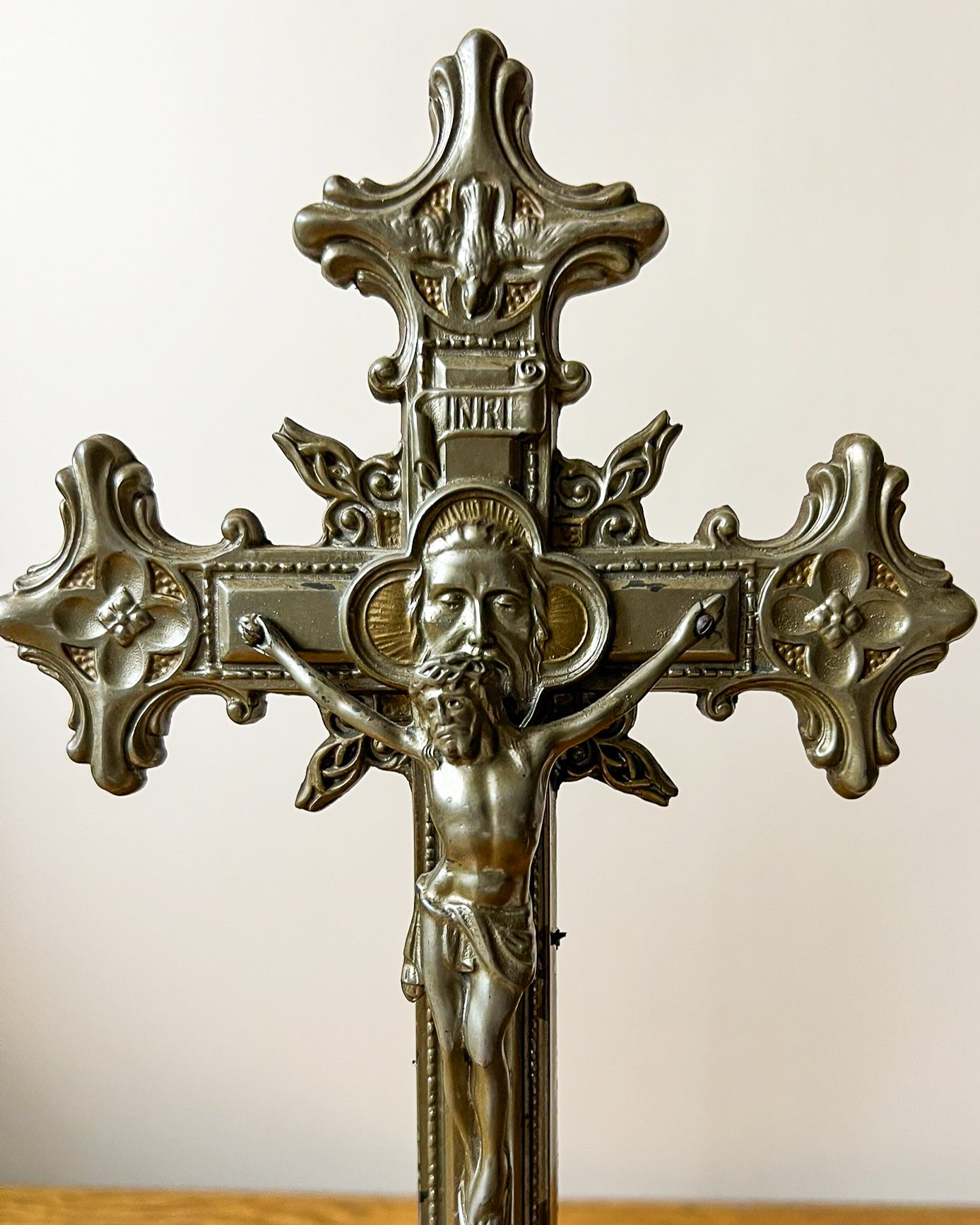 Vintage European Metal Crucifix with Ornate Base – Religious Altar Cross