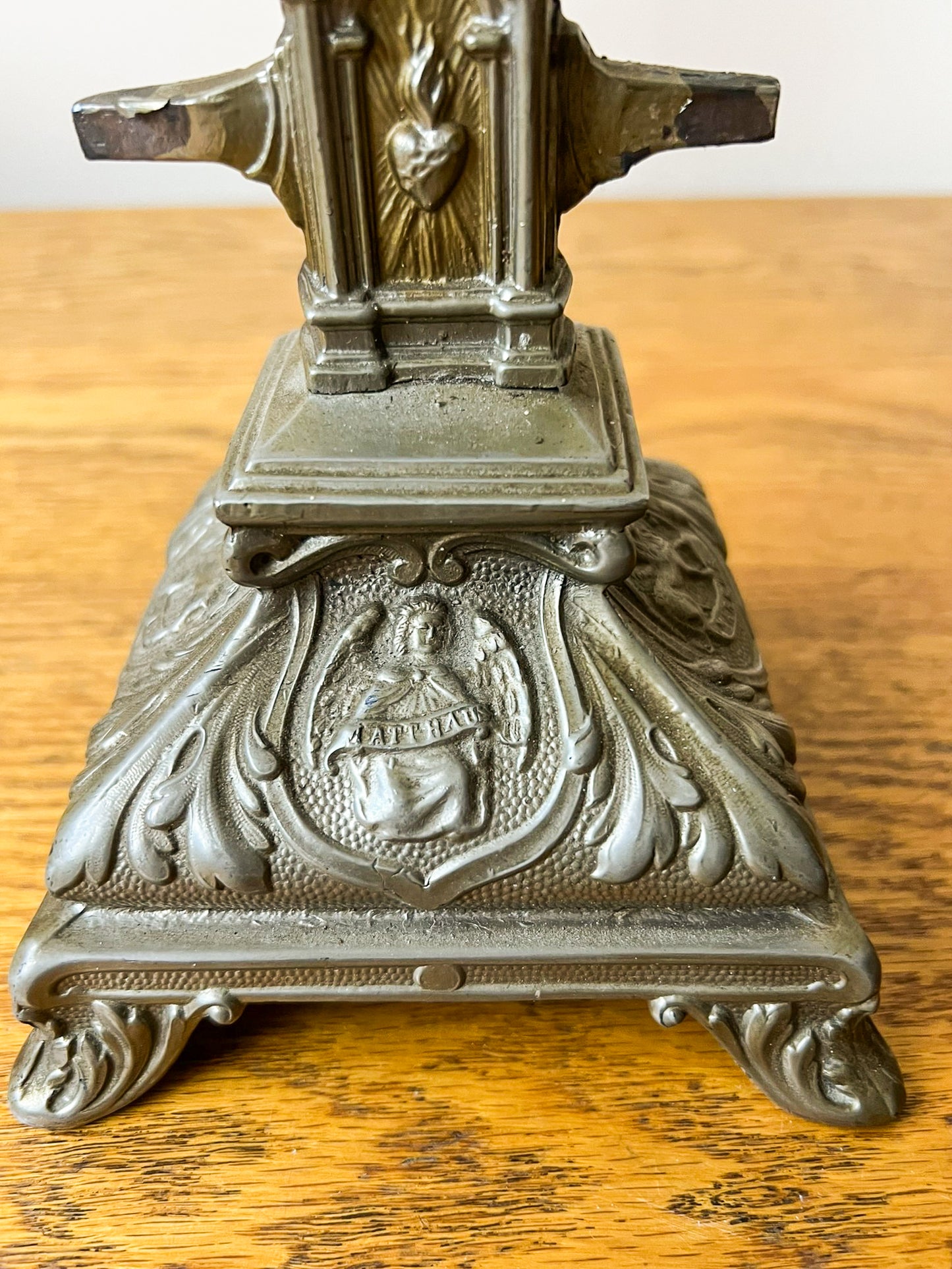Vintage European Metal Crucifix with Ornate Base – Religious Altar Cross