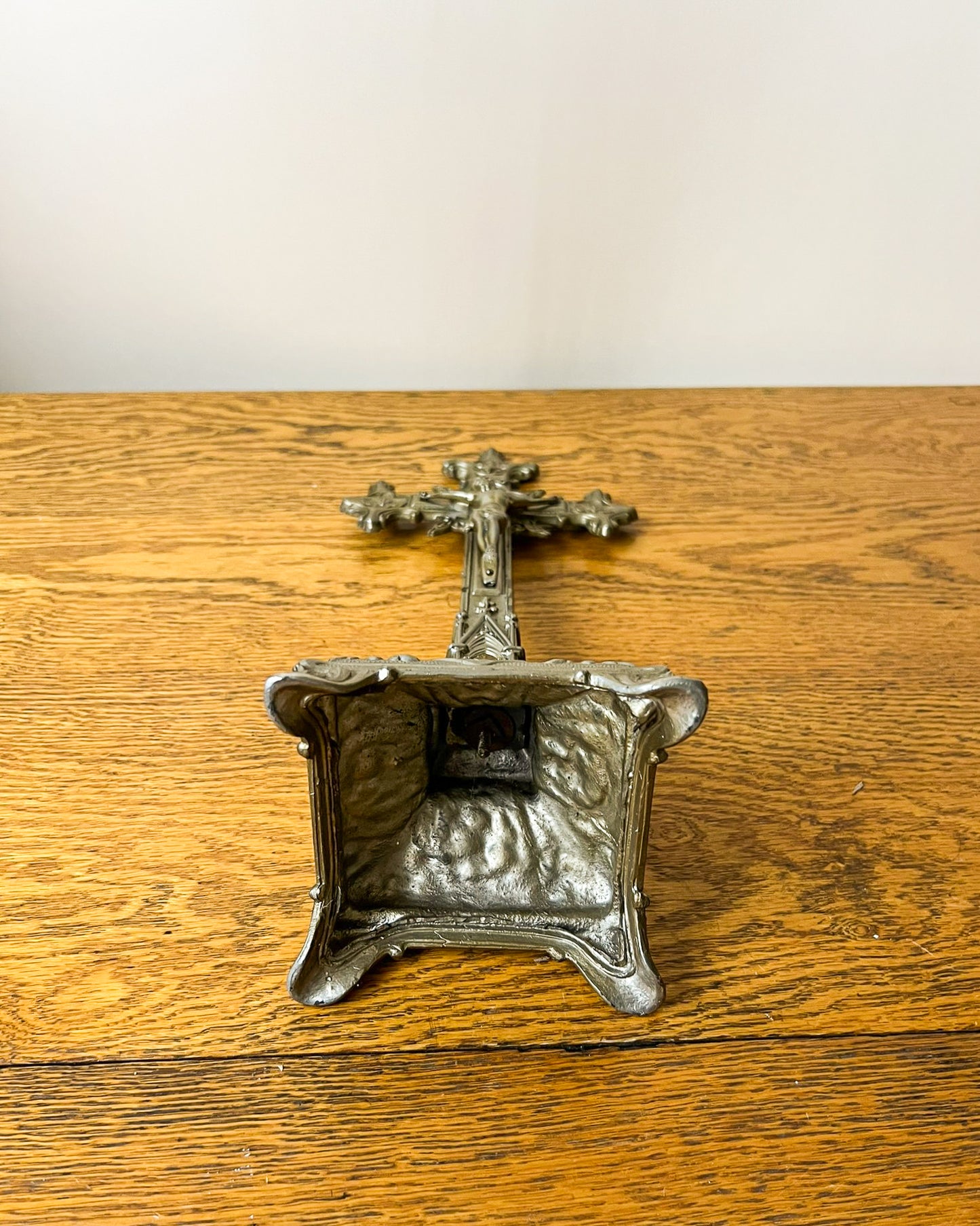 Vintage European Metal Crucifix with Ornate Base – Religious Altar Cross