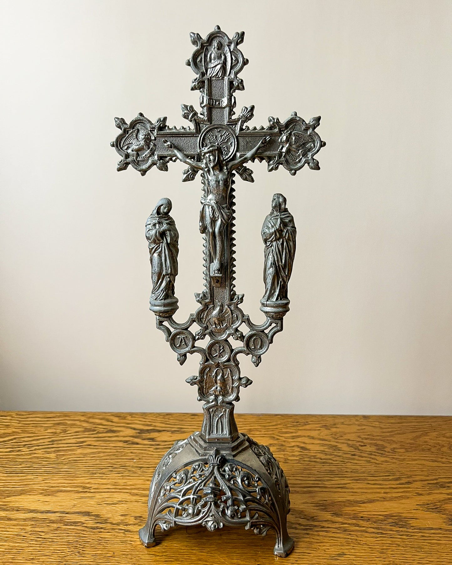 Vintage European Metal Crucifix with Ornate Base – Religious Altar Cross
