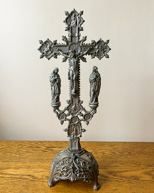 Vintage European Metal Crucifix with Ornate Base – Religious Altar Cross