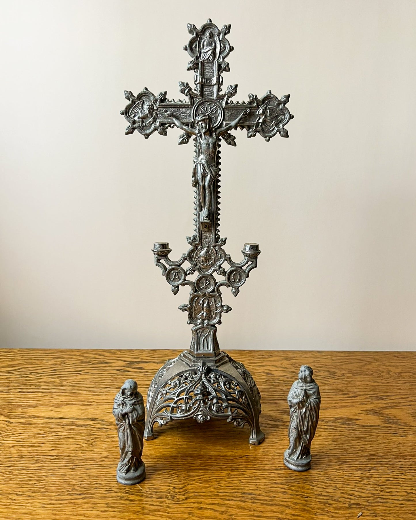 Vintage European Metal Crucifix with Ornate Base – Religious Altar Cross