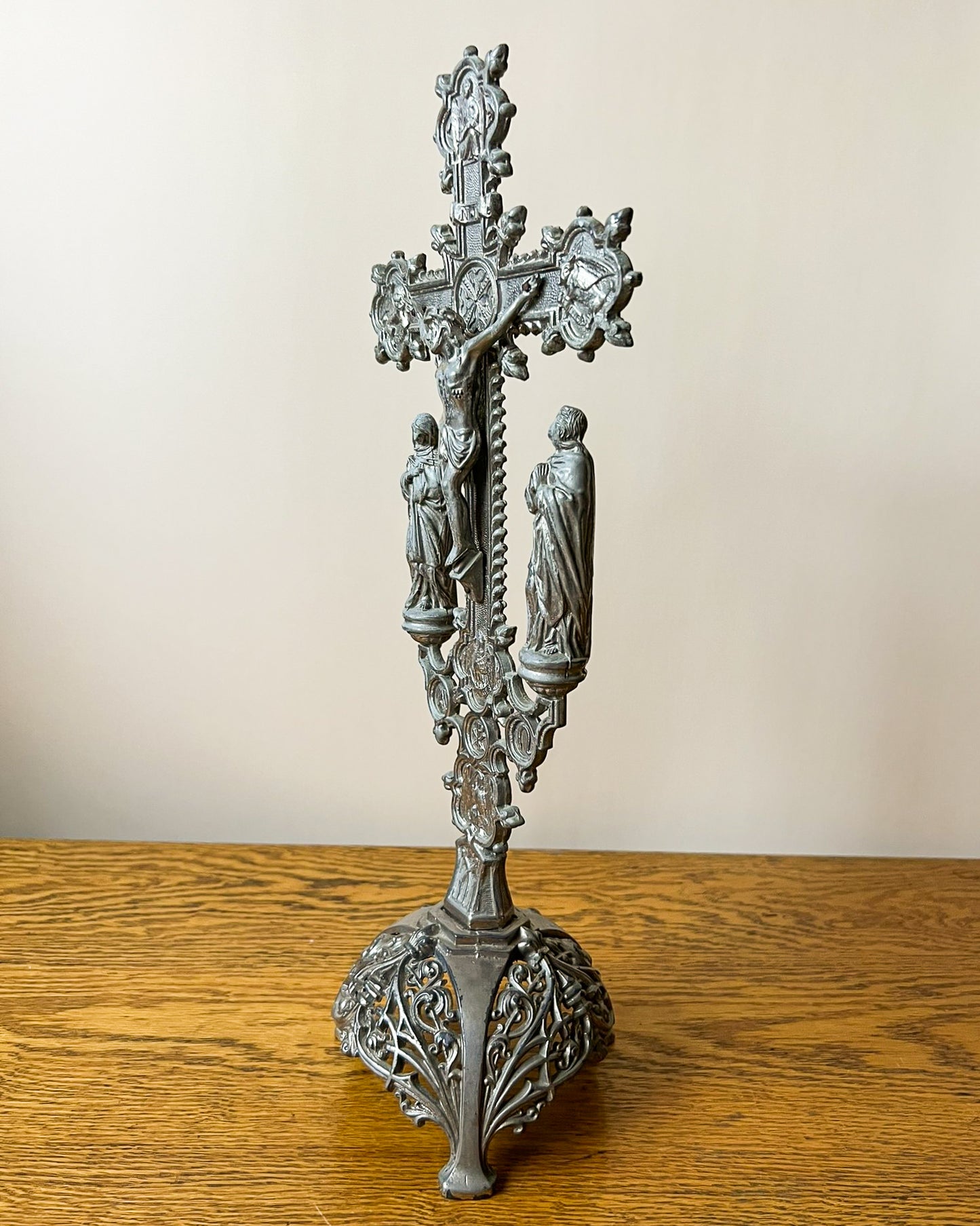 Vintage European Metal Crucifix with Ornate Base – Religious Altar Cross