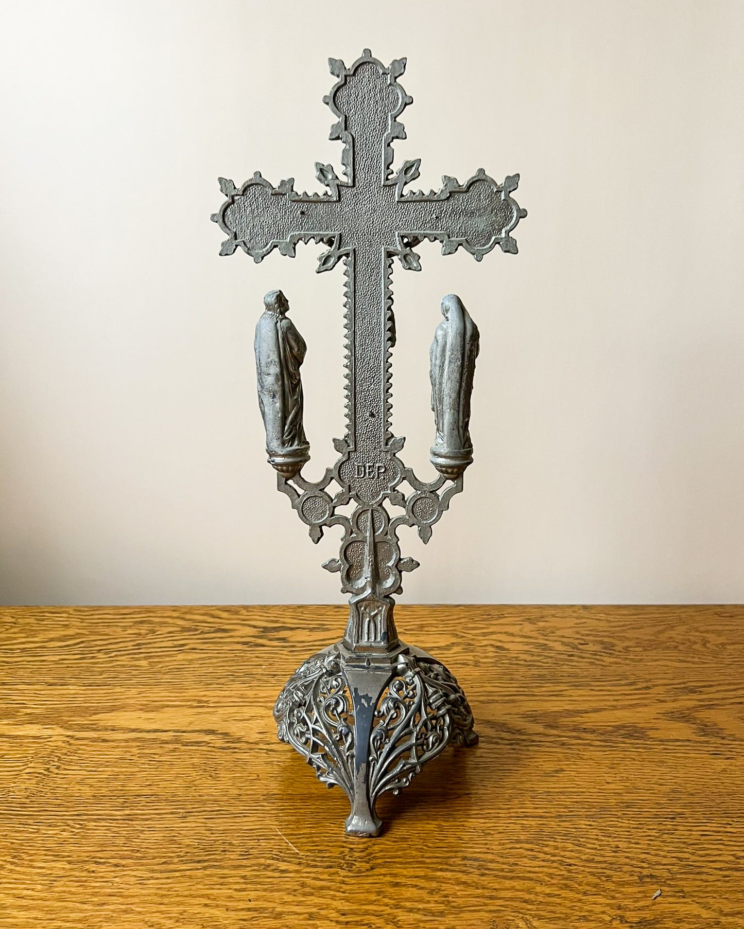 Vintage European Metal Crucifix with Ornate Base – Religious Altar Cross