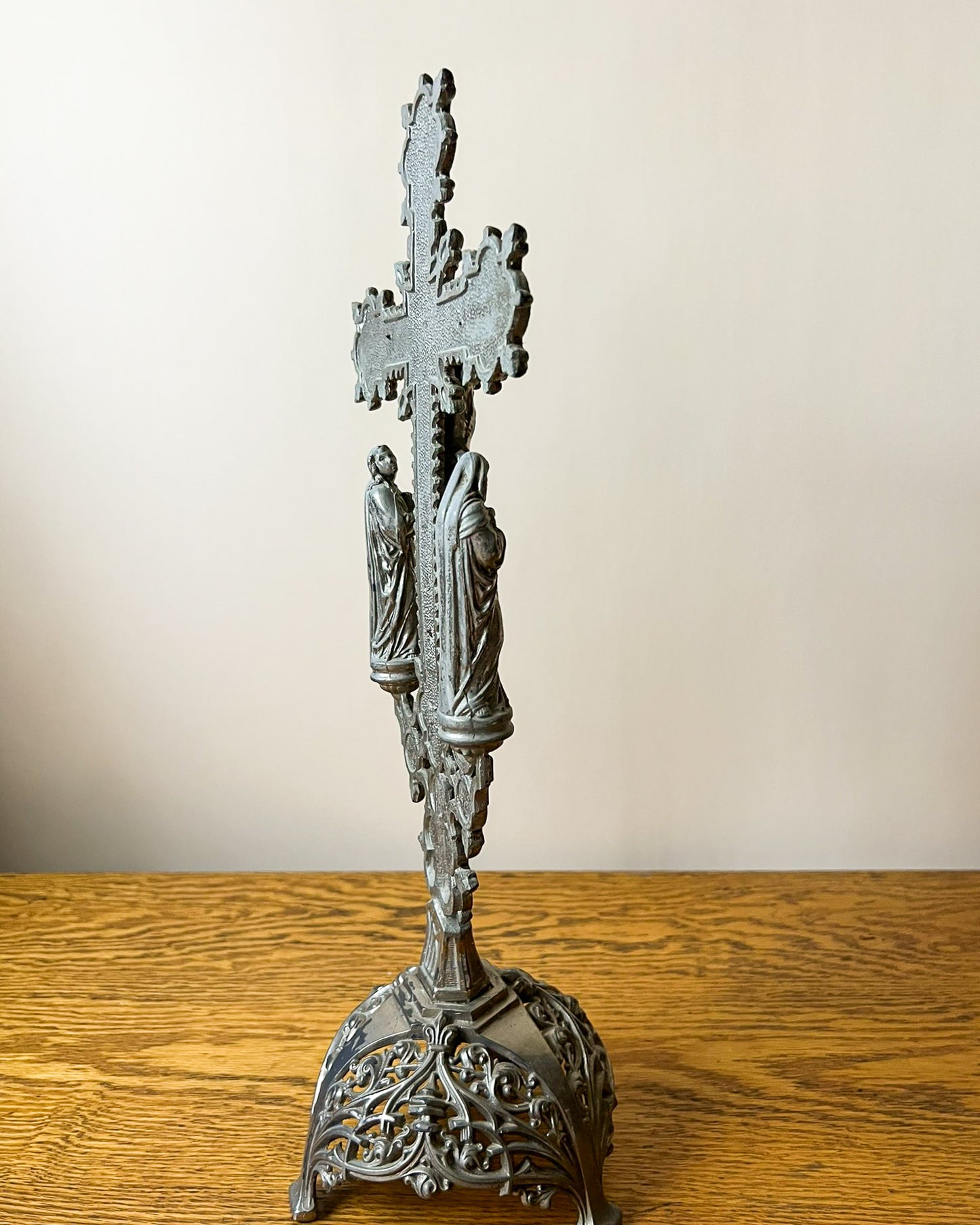 Vintage European Metal Crucifix with Ornate Base – Religious Altar Cross