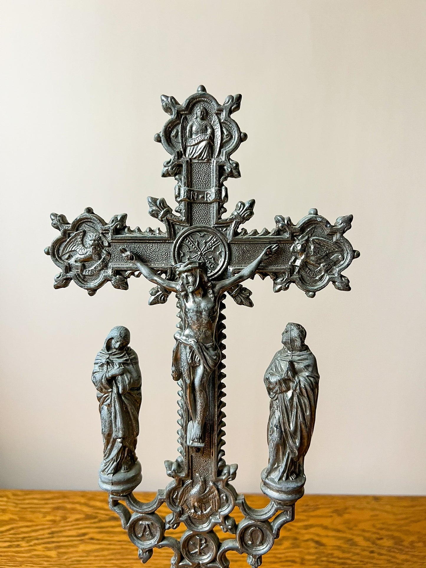 Vintage European Metal Crucifix with Ornate Base – Religious Altar Cross