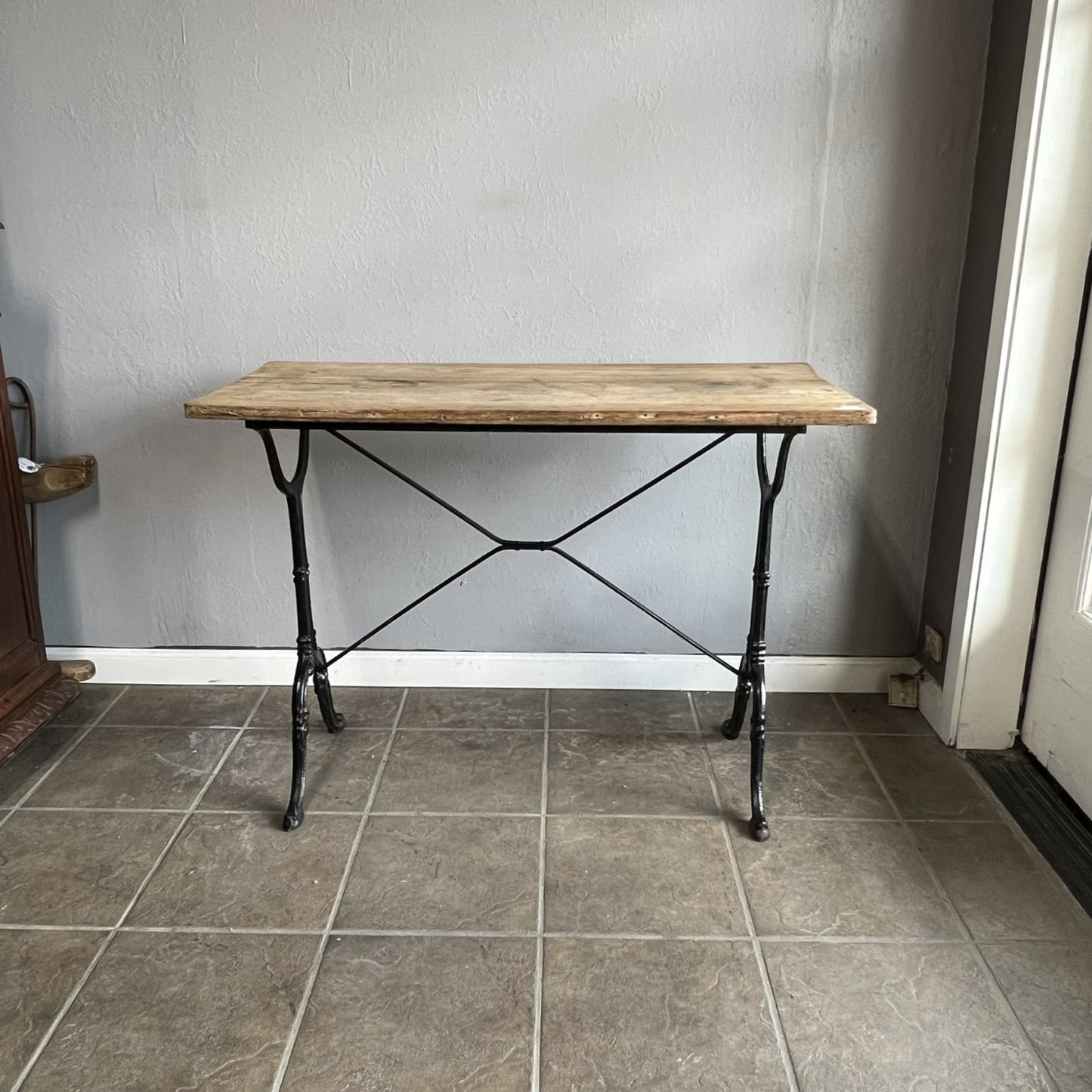 Vintage French Bistro Table with Cast Iron Base and Solid Oak Top