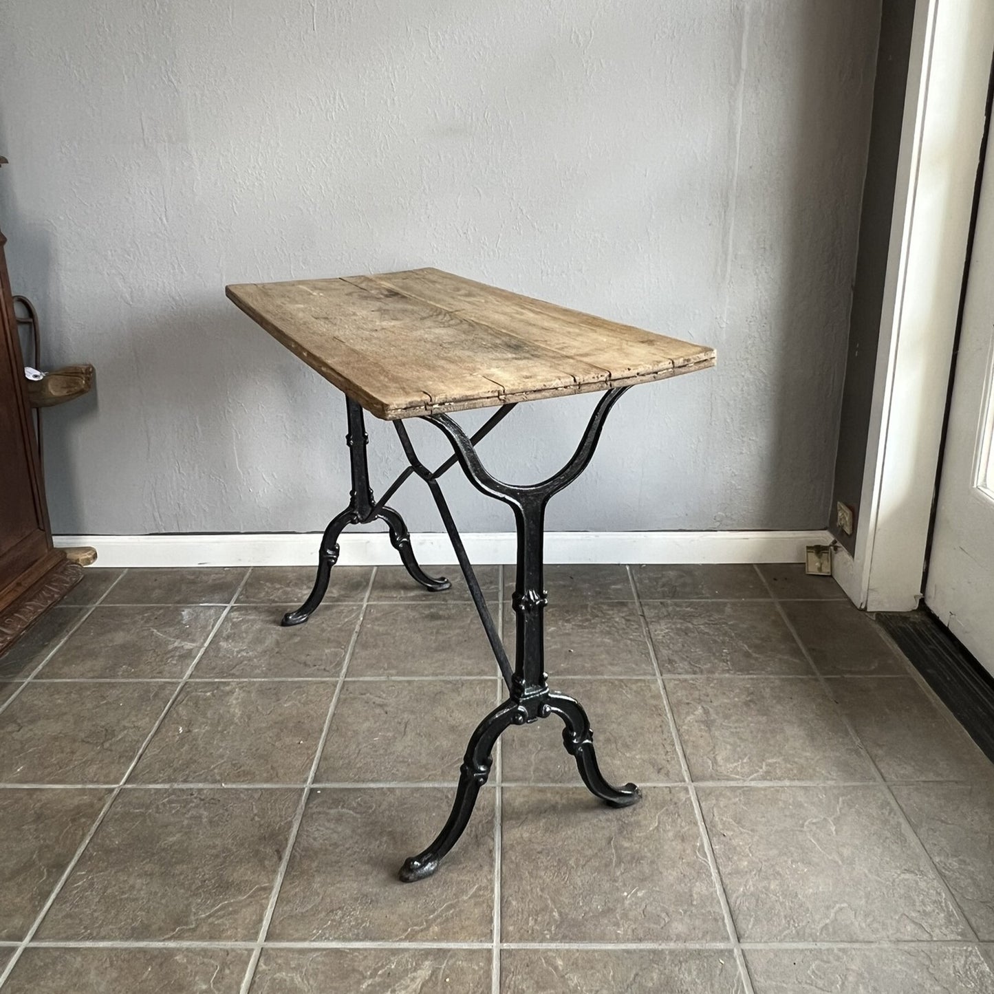 Vintage French Bistro Table with Cast Iron Base and Solid Oak Top