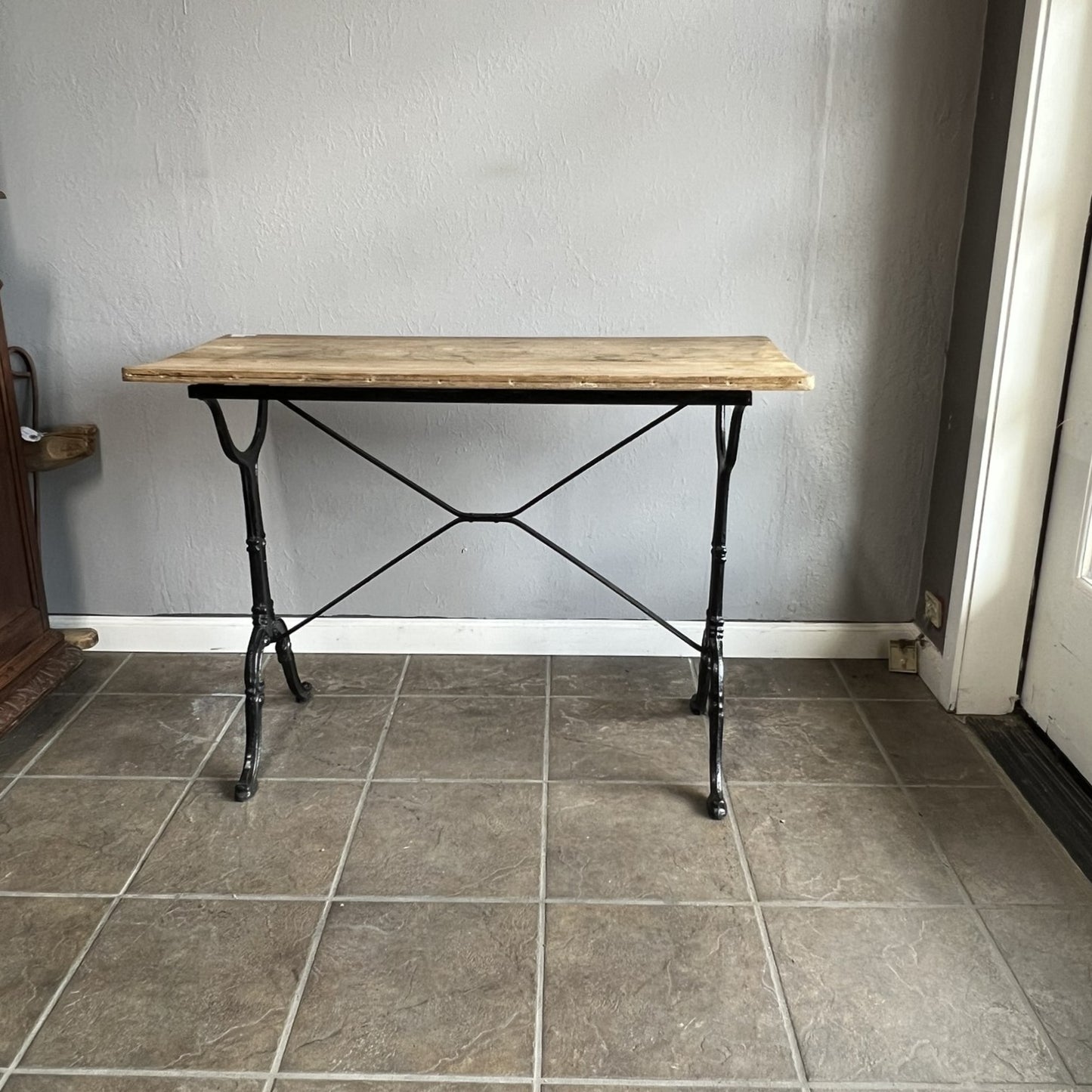 Vintage French Bistro Table with Cast Iron Base and Solid Oak Top