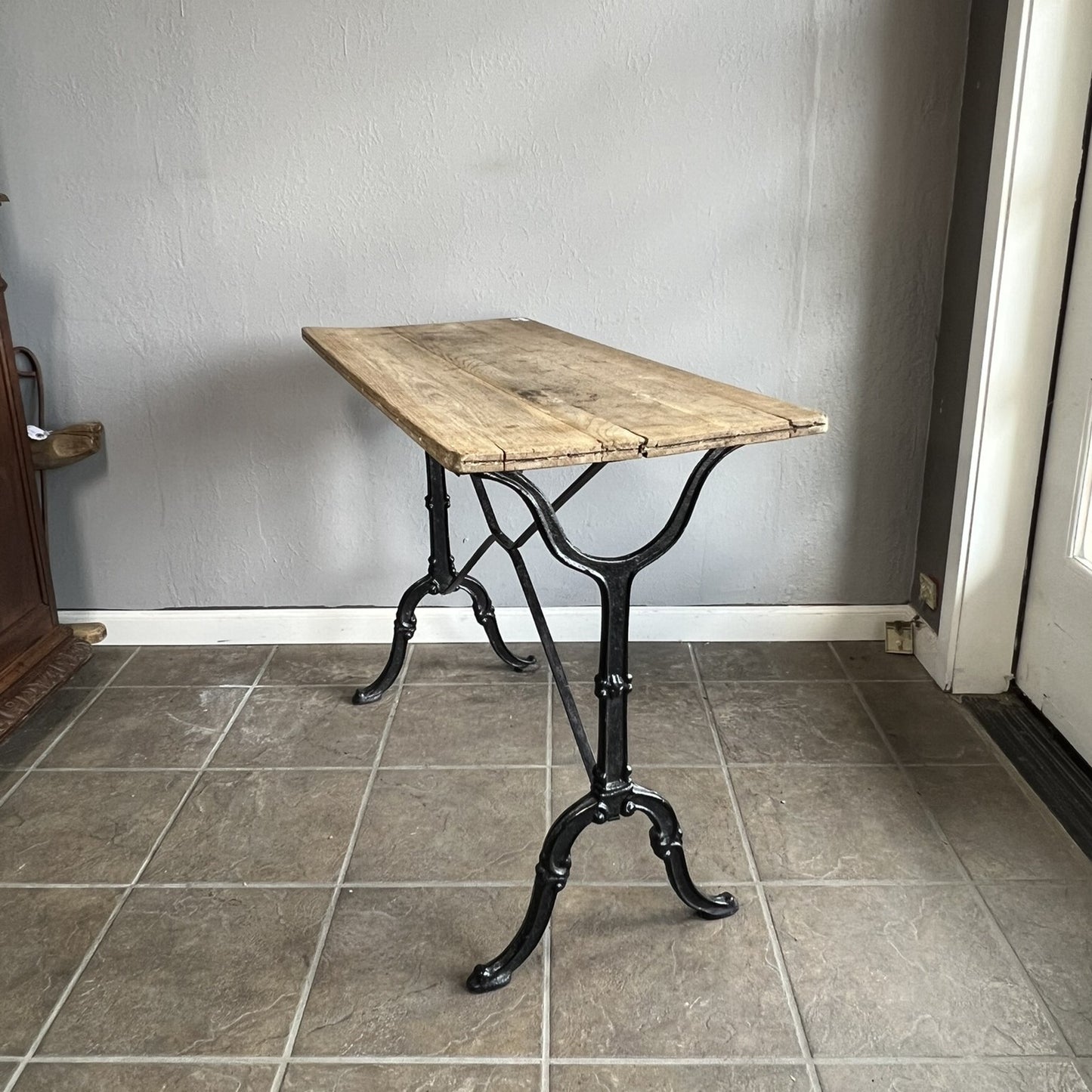 Vintage French Bistro Table with Cast Iron Base and Solid Oak Top
