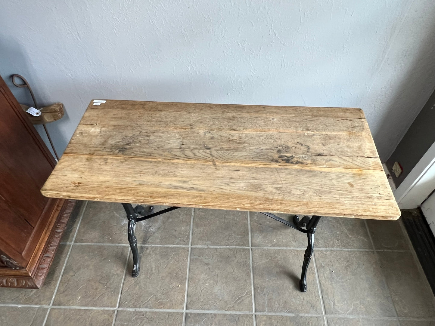 Vintage French Bistro Table with Cast Iron Base and Solid Oak Top