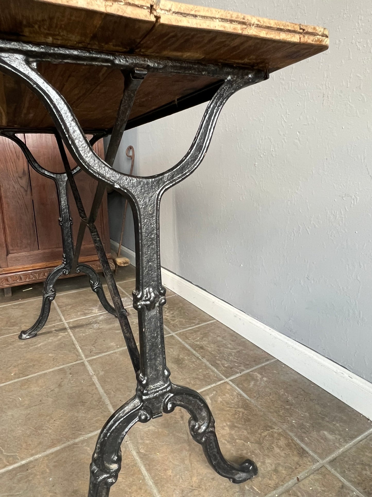 Vintage French Bistro Table with Cast Iron Base and Solid Oak Top