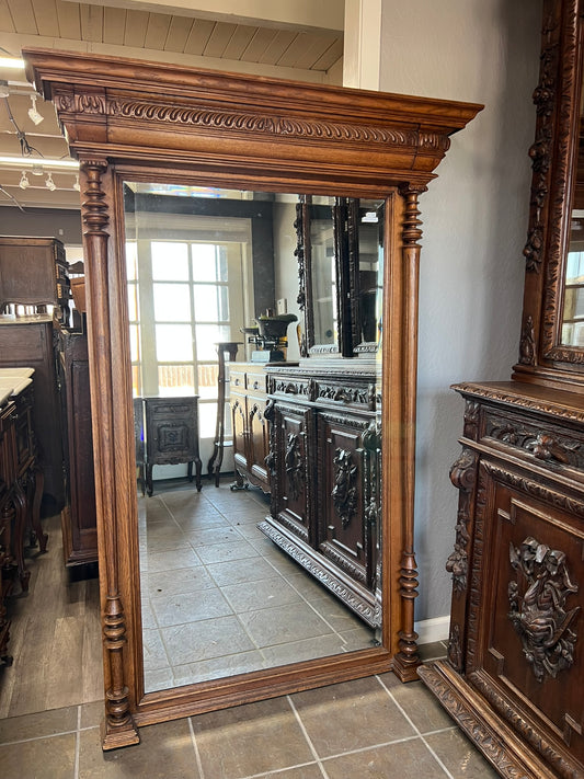 Antique Belgian Oak Beveled Mirror