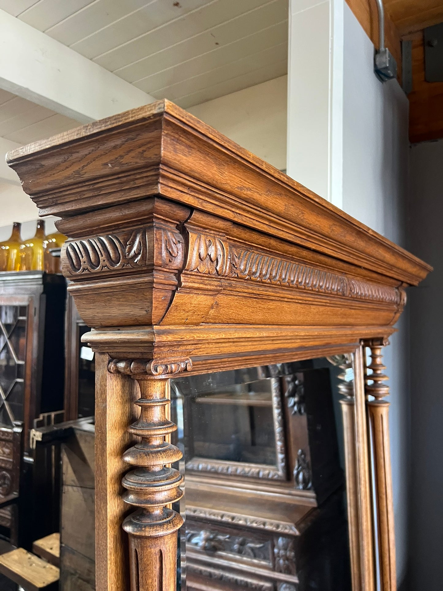 Antique Belgian Oak Beveled Mirror