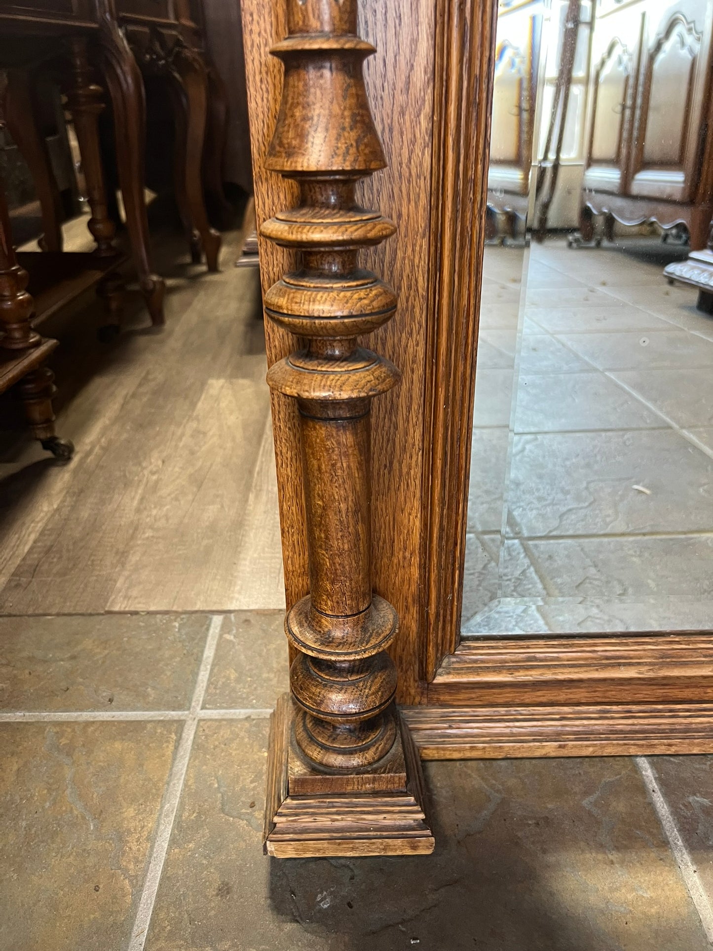 Antique Belgian Oak Beveled Mirror