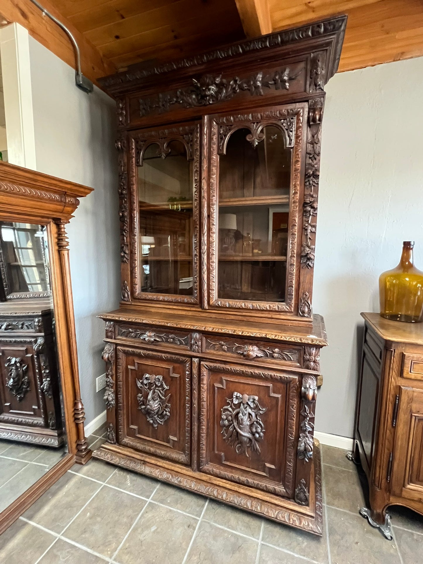 Antique Belgian Oak Beveled Mirror