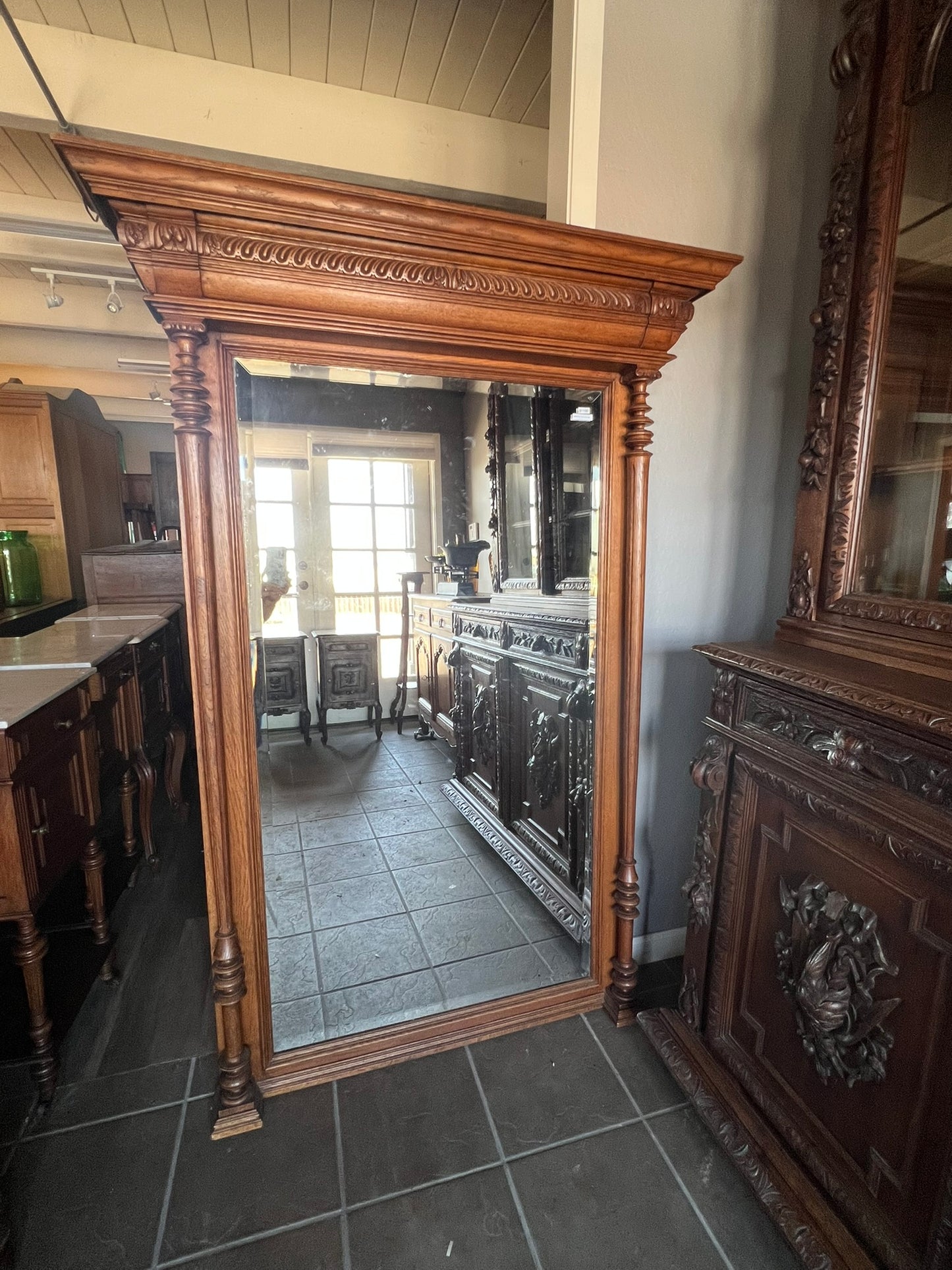 Antique Belgian Oak Beveled Mirror