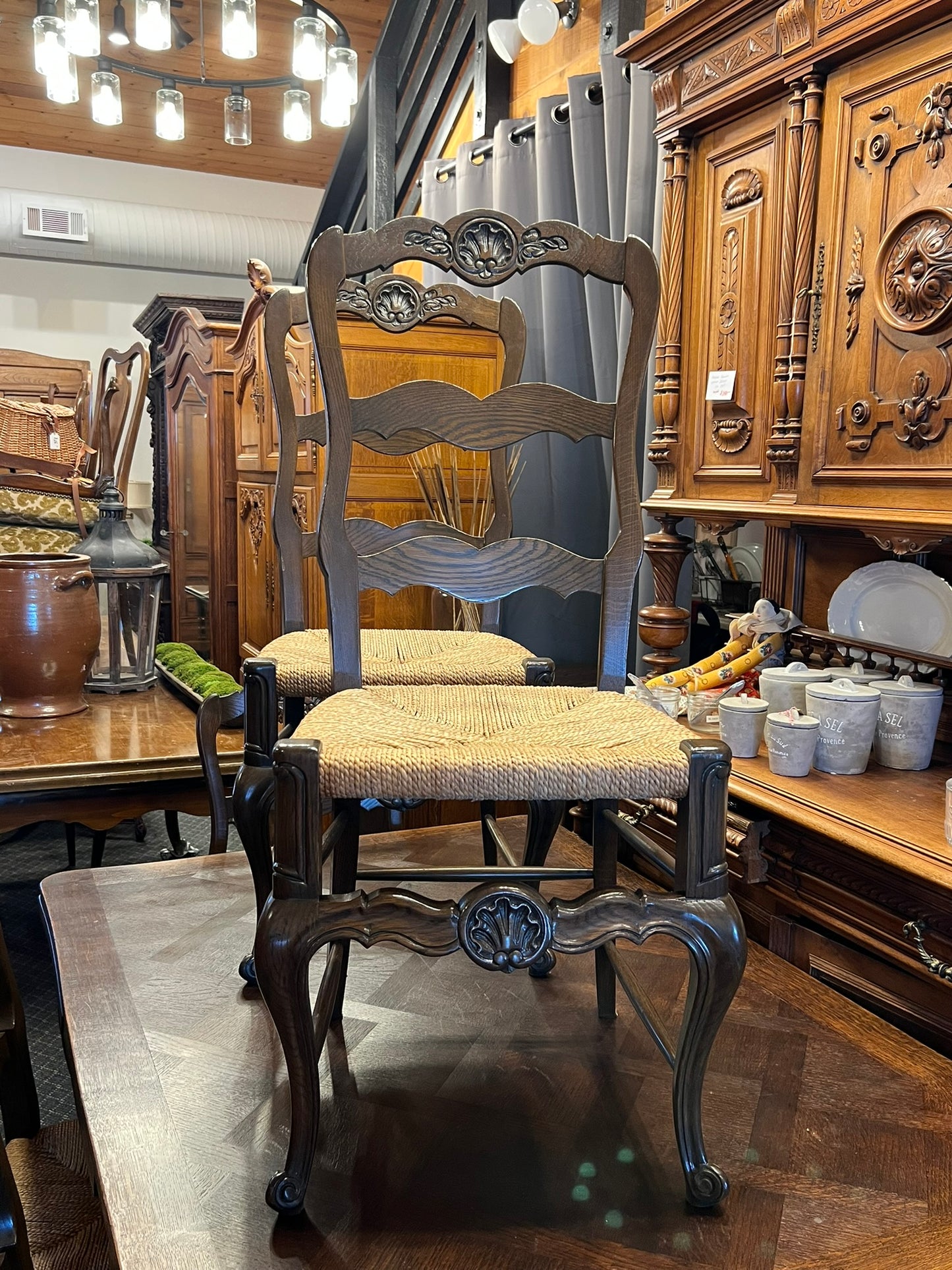 French Oak Parquet Dining Table with Pull-Out Leaves & Six Rush Seat Chairs