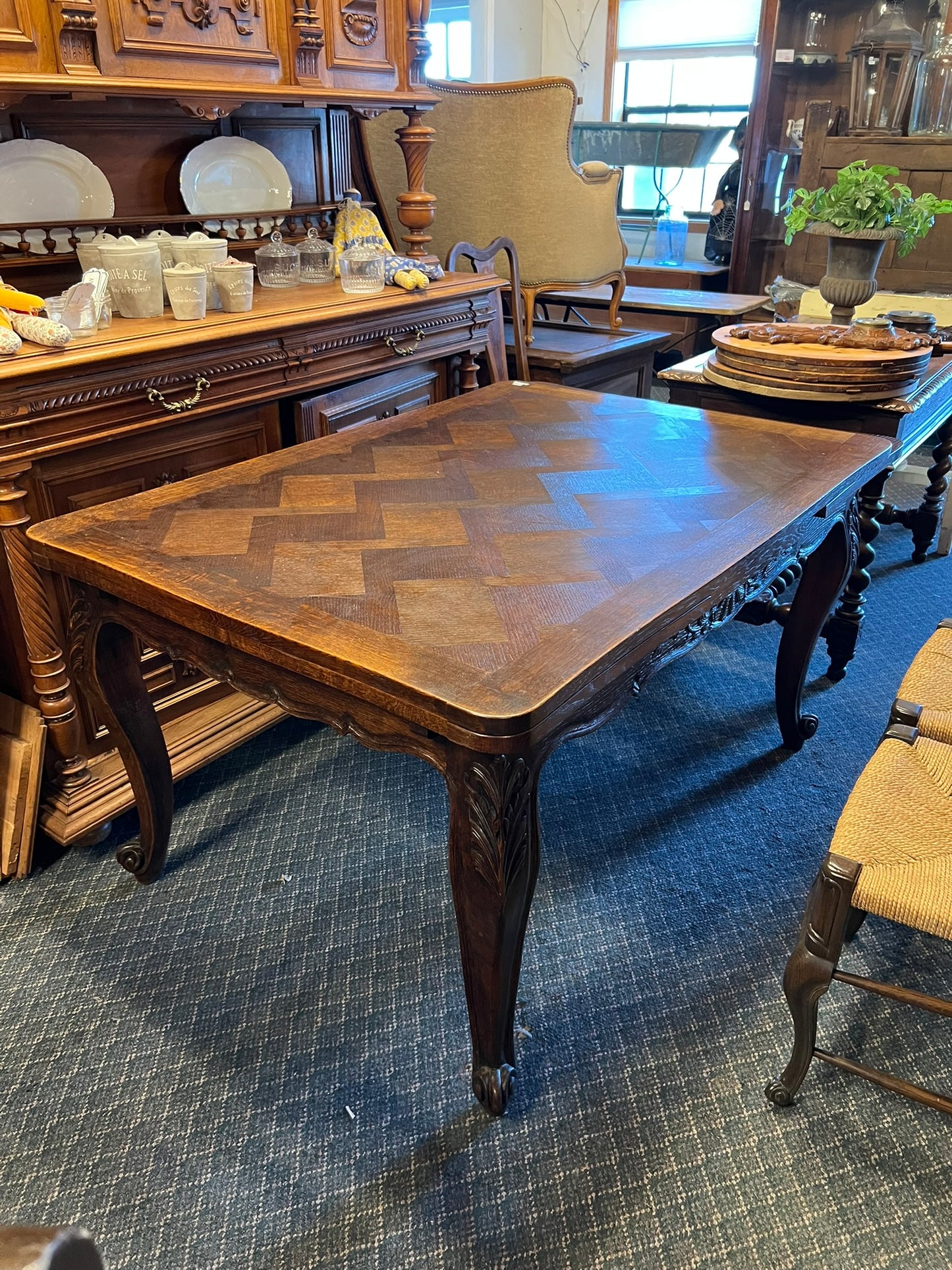 French Oak Parquet Dining Table with Pull-Out Leaves & Six Rush Seat Chairs