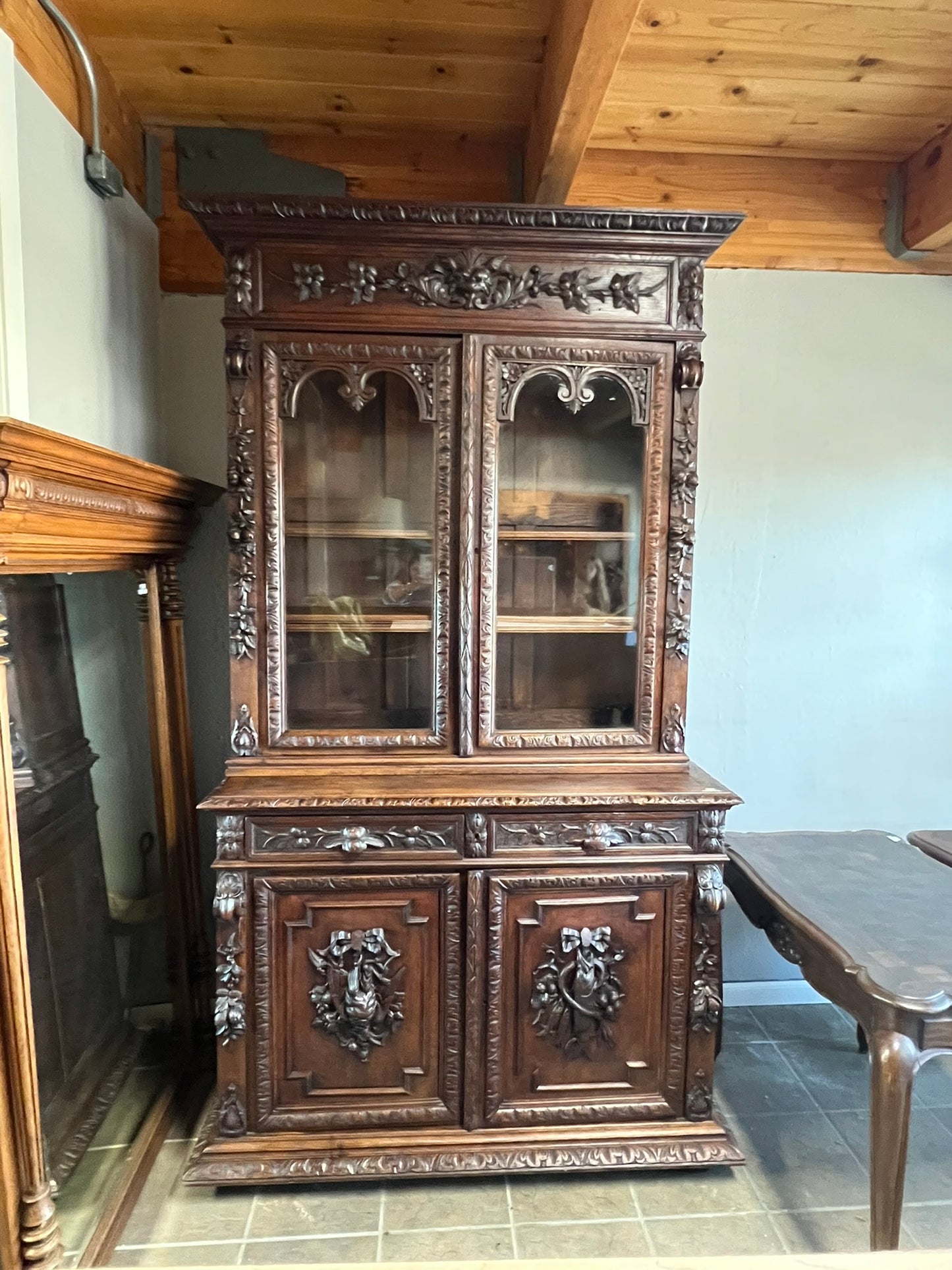 French Normandy Dark Oak Hunter’s Cabinet Hutch
