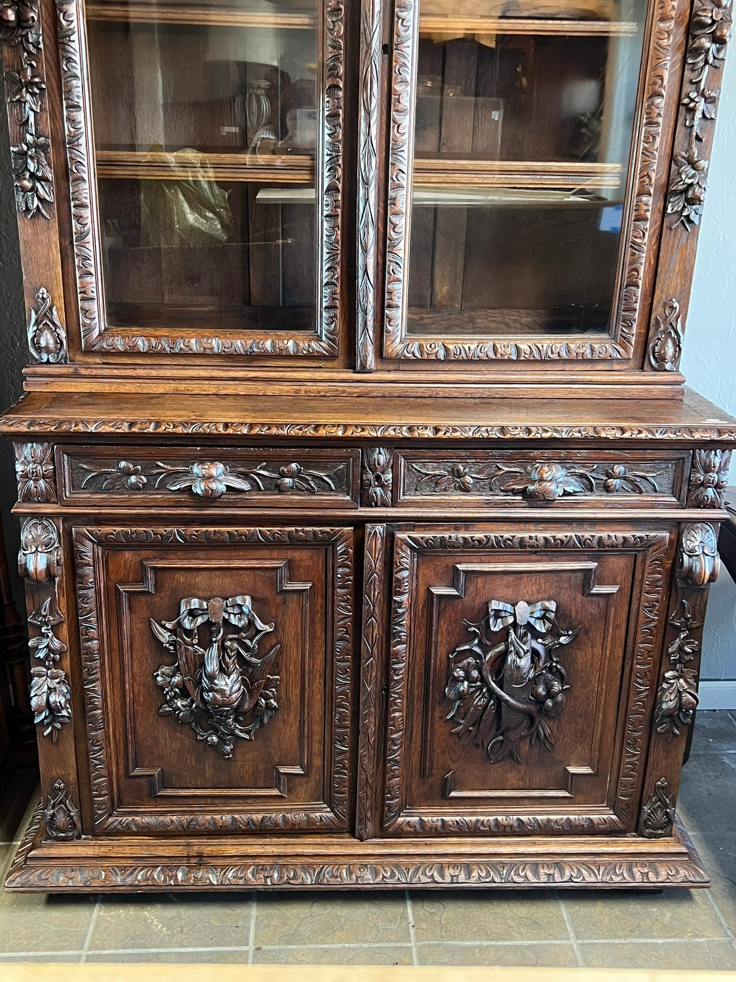 French Normandy Dark Oak Hunter’s Cabinet Hutch