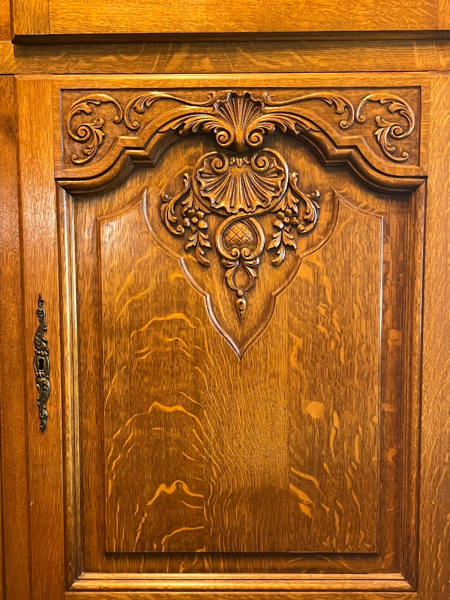 Vintage Belgian Oak Armoire or Dry Bar with Slide-In Doors and Carved Details