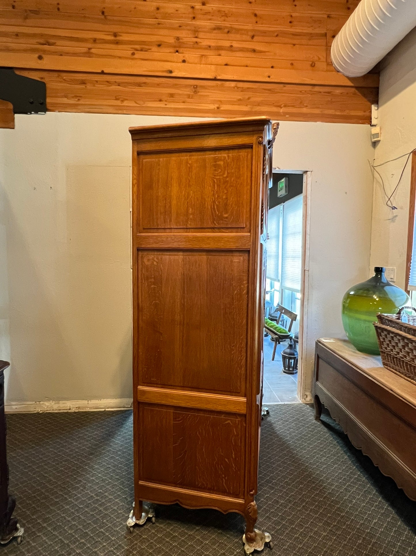 Vintage Belgian Oak Armoire or Dry Bar with Slide-In Doors and Carved Details